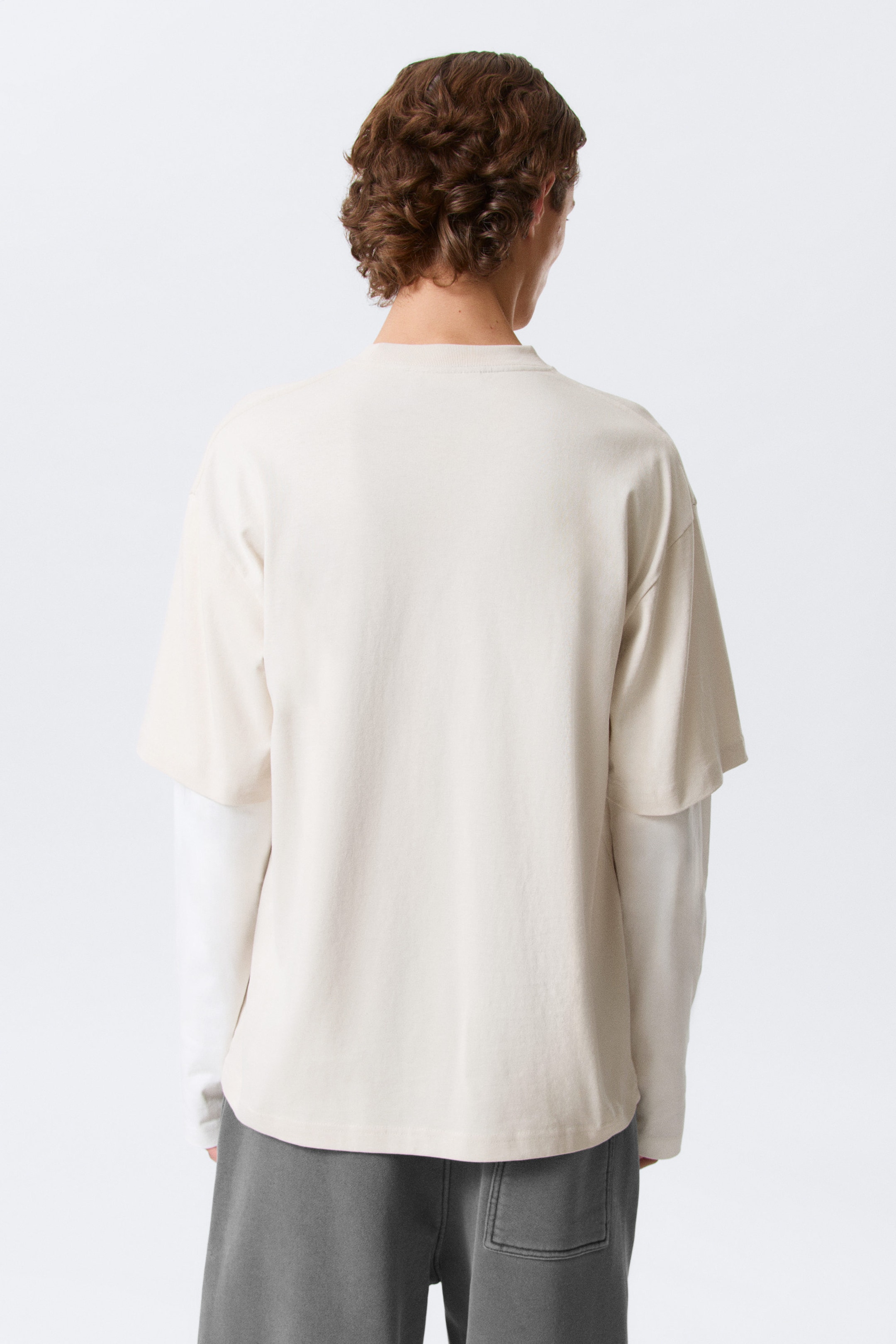 Light Beige & White - Double-Layered Cotton T-shirt - 3