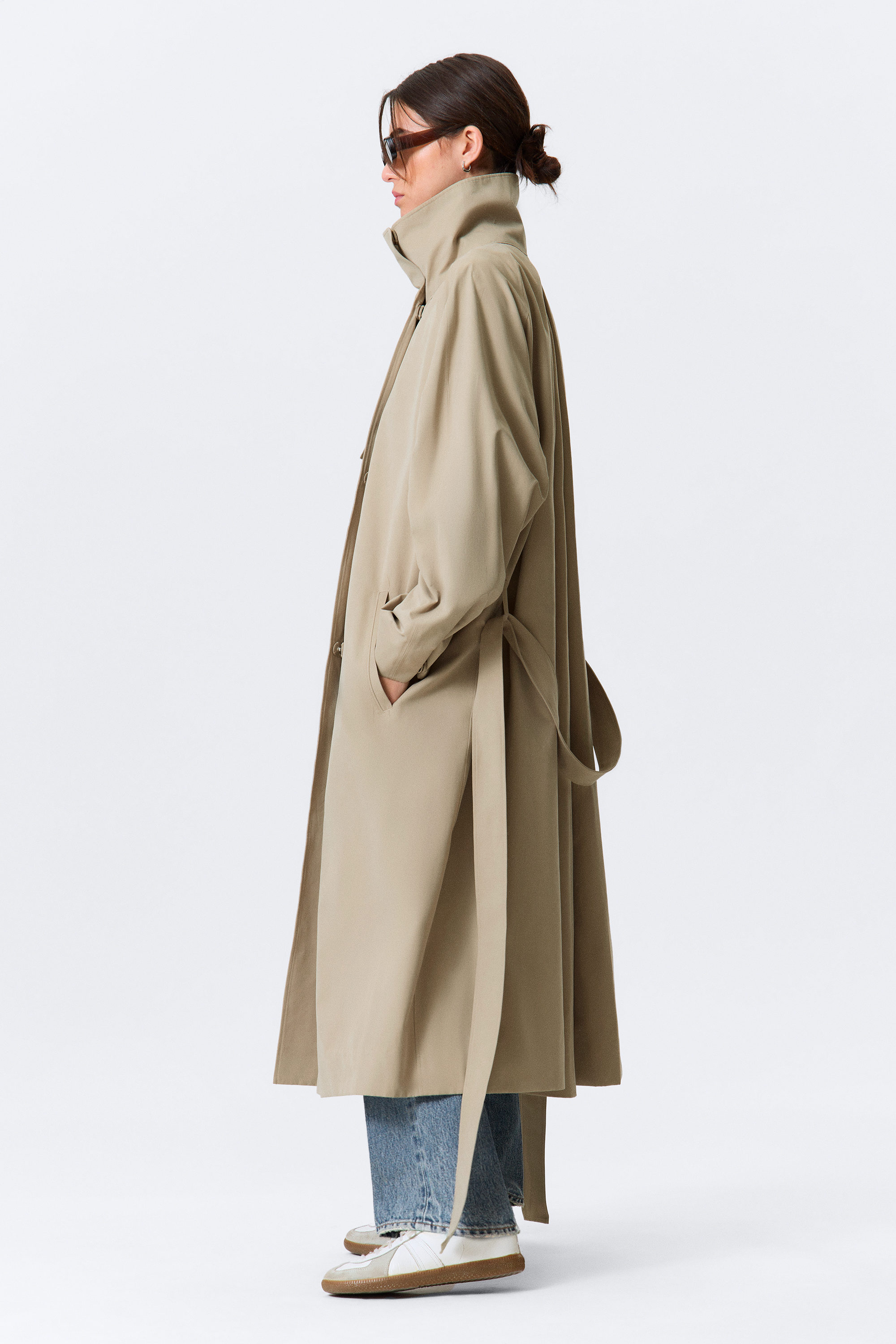 Beige - Loose Fit Trench Coat with Funnel Collar - 2