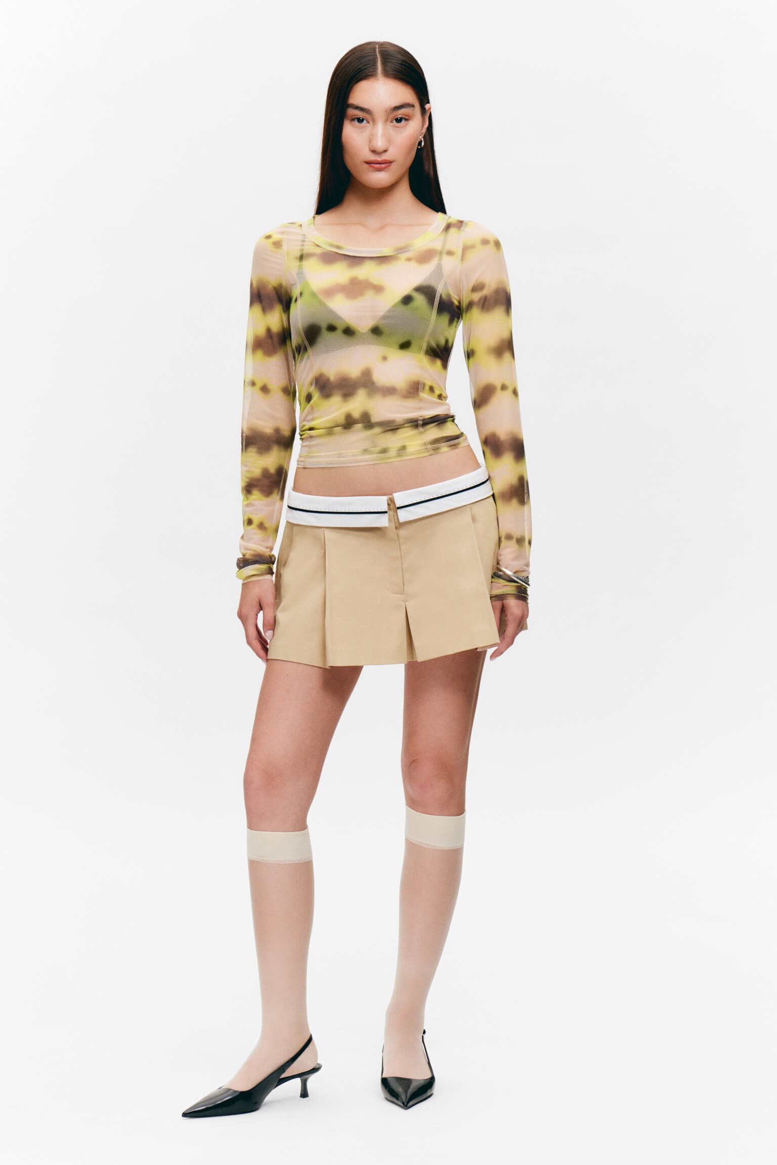 Langærmet Mesh Top - Yellow Blurred Stains/Sort/Støvet pink/Pink Blurred Stains - 1