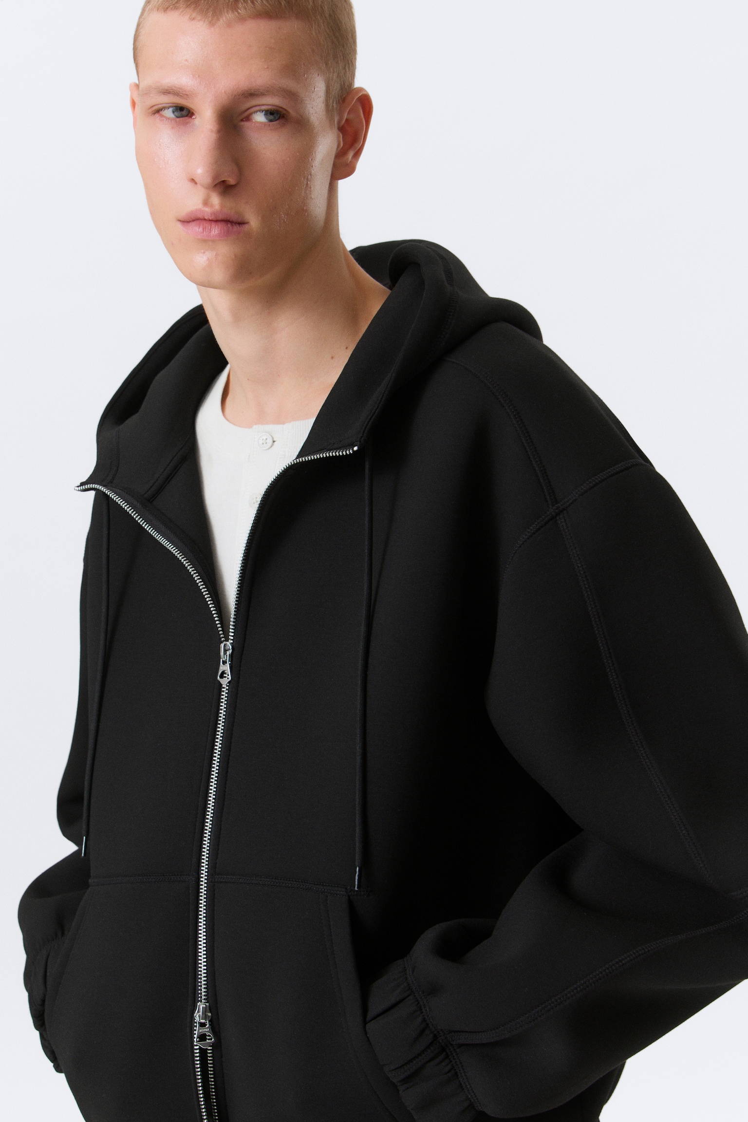 Bluza z kapturem scuba z suwakiem Loose High-Neck - Czarny/Light Dusty Mole - 5