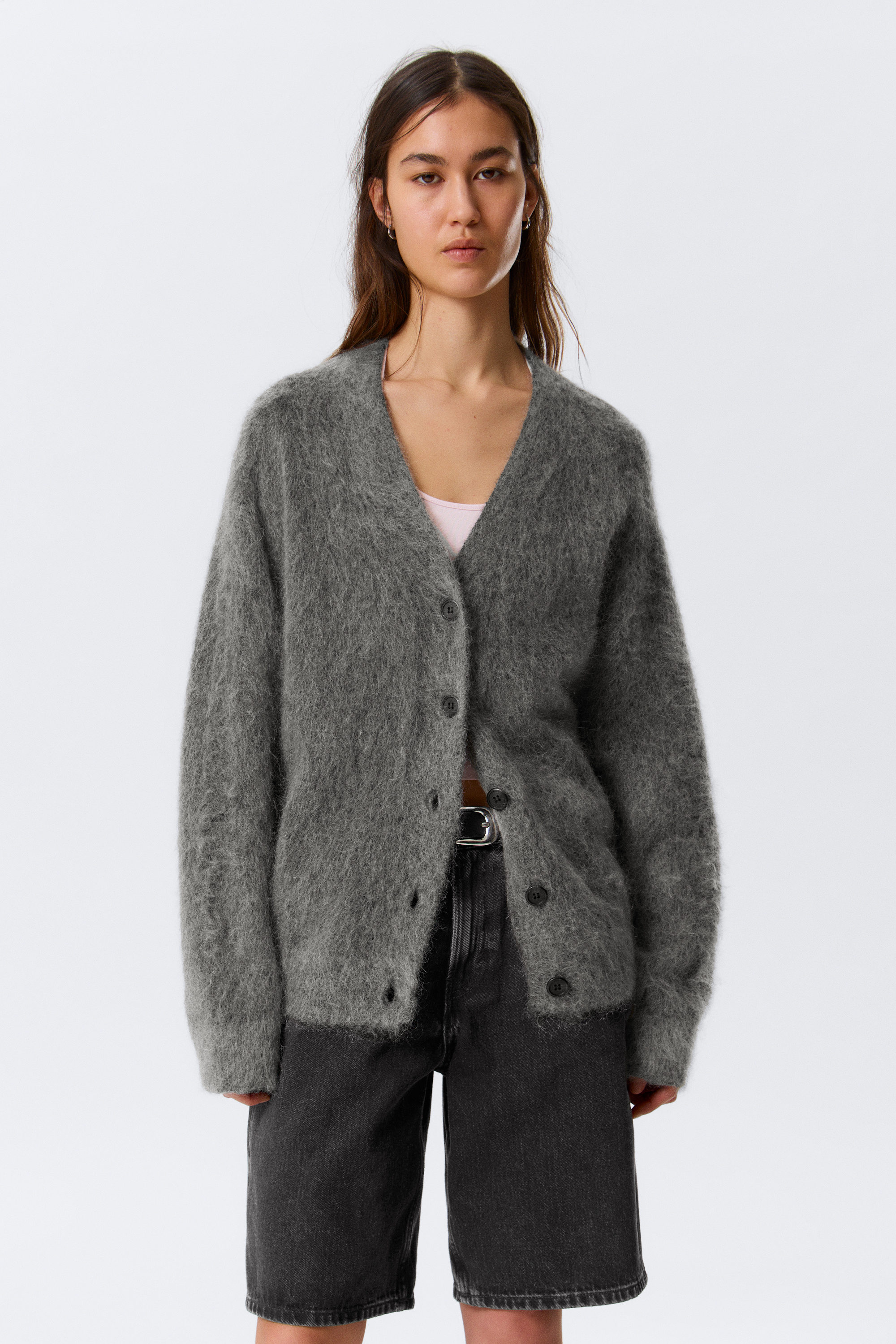 loose fit mohair blend v-neck cardigan - Dark Grey | Weekday WW