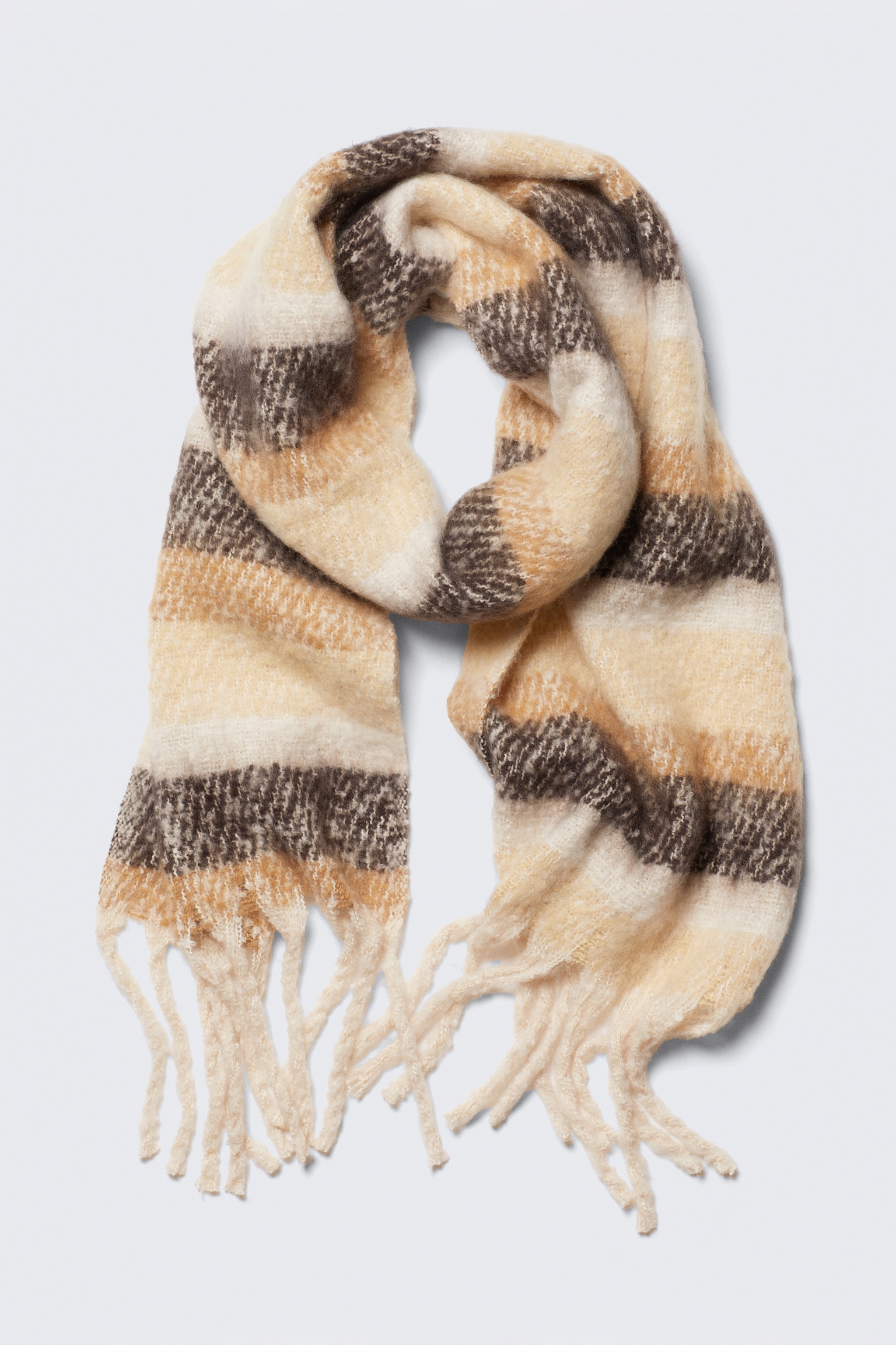 Chunky Fringed Scarf - Striped Beige/White/Burgundy - 2