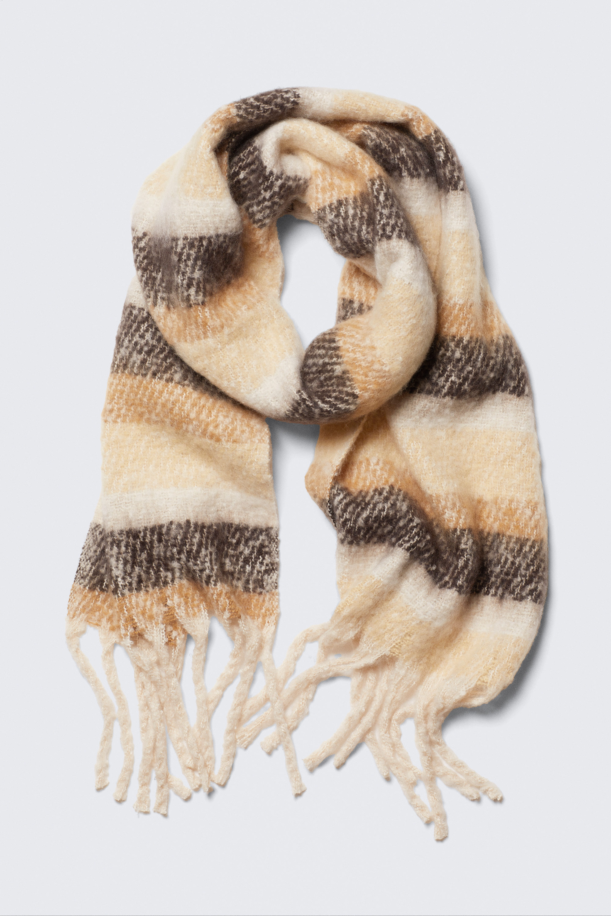 Beige gestreift - Grobstrick-Schal mit Fransen - 1