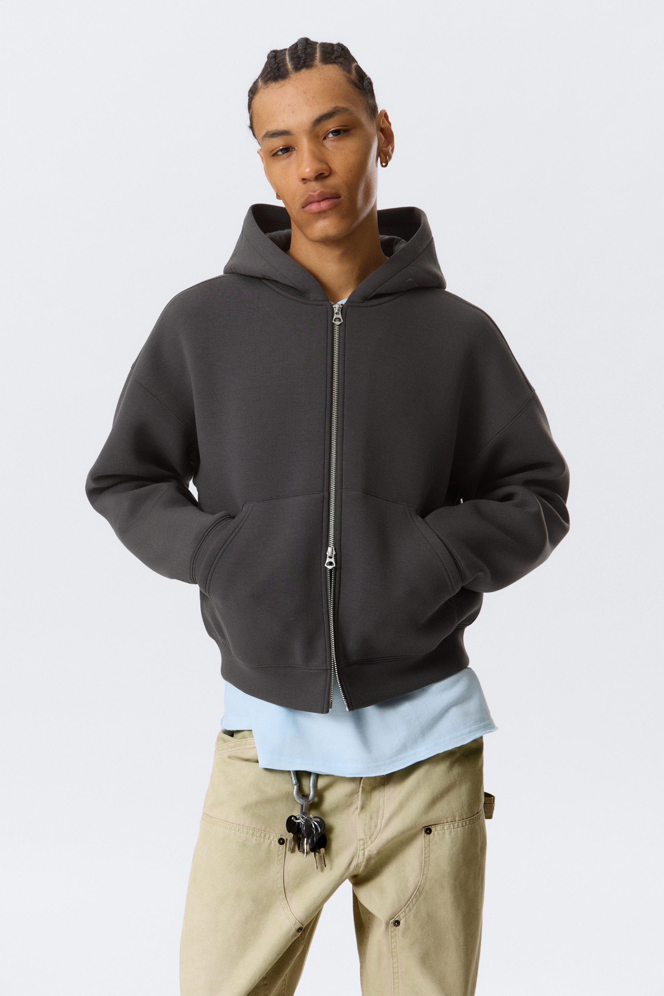 Dunkelgrau - Bestickt - Graphischer Zip-Hoodie Simon aus Scuba-Stoff - 1