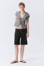Striped Grey - Tie-Front V-neck Cotton Blouse - 2