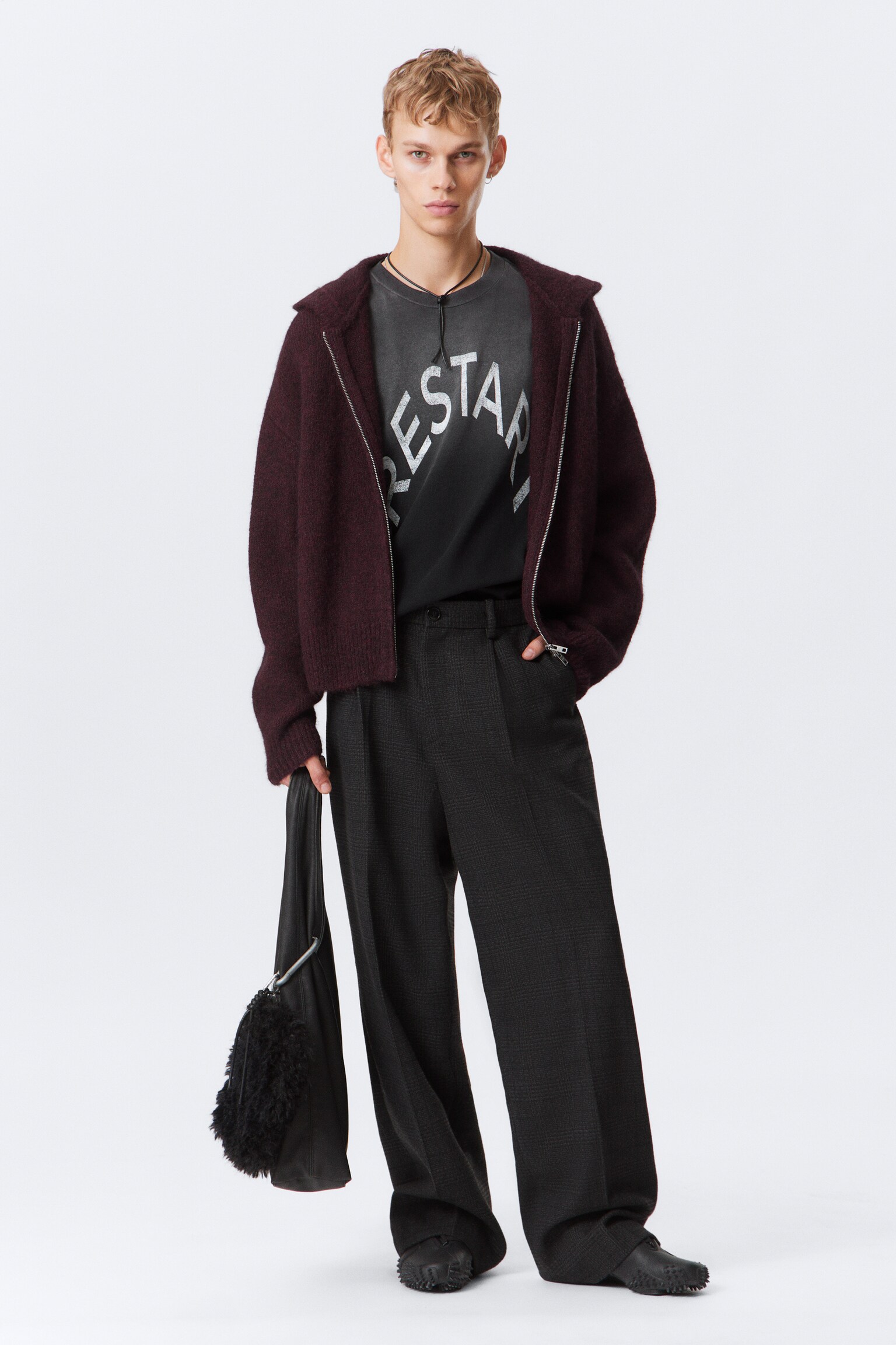 Knitted Boxy Wool-Blend Zip Hoodie - Dark Red Melange/Dark Brown Melange/Dark Grey - 4