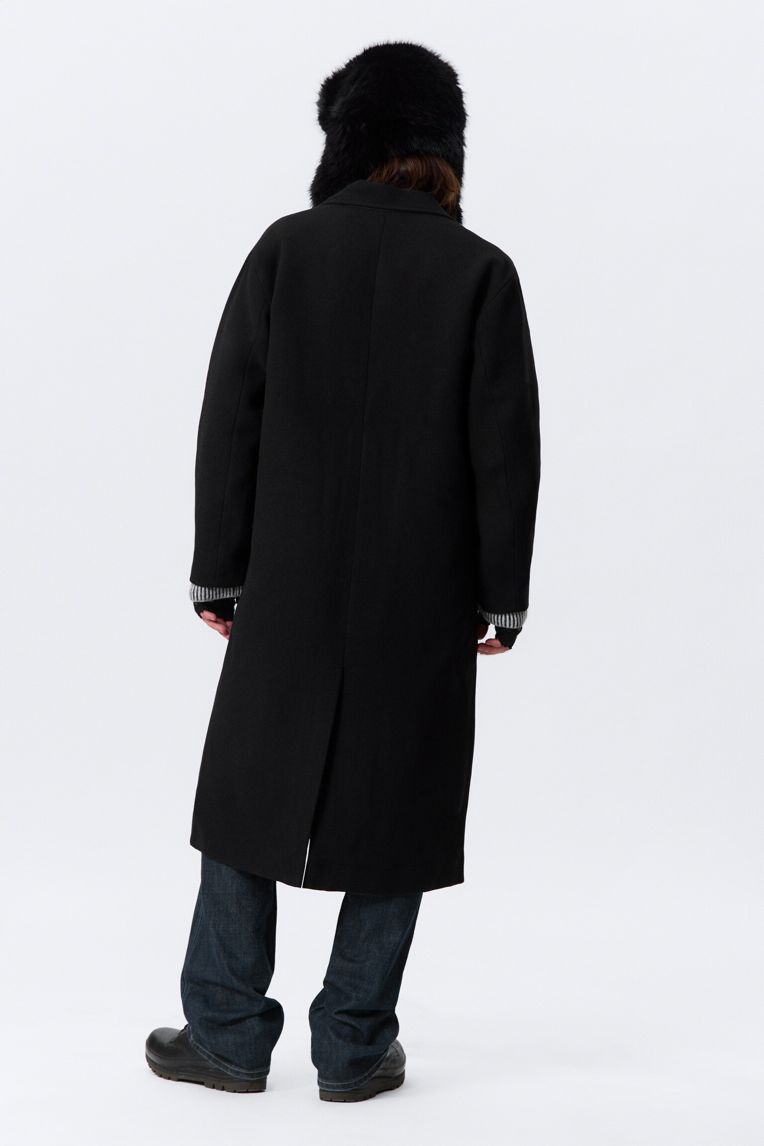 Oversized Single-Breasted Wool Blend Coat - Black/Beige Multi Check - 6