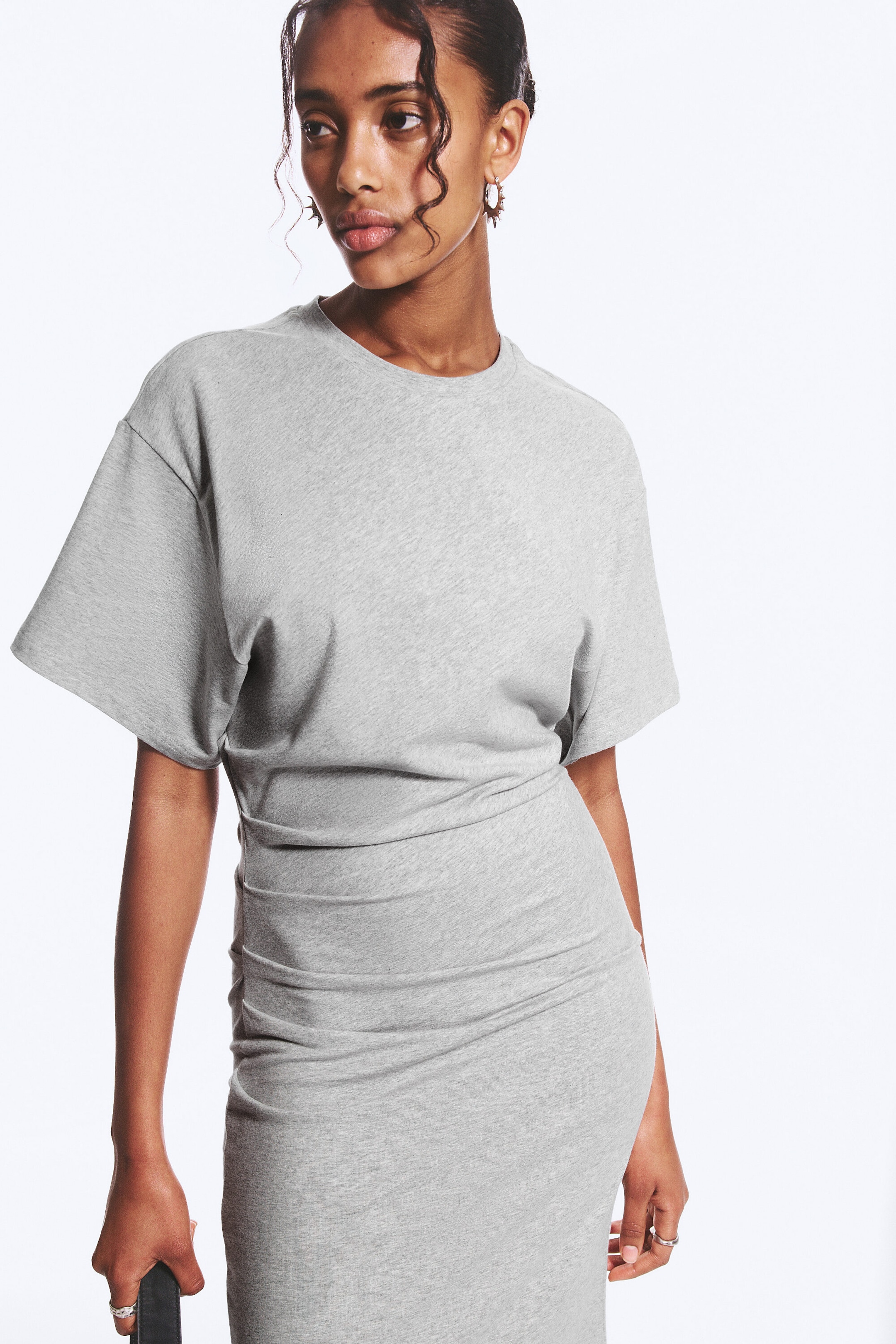 Light Dusty Grey Melange - Gathered Short-Sleeved Maxi Dress - 2