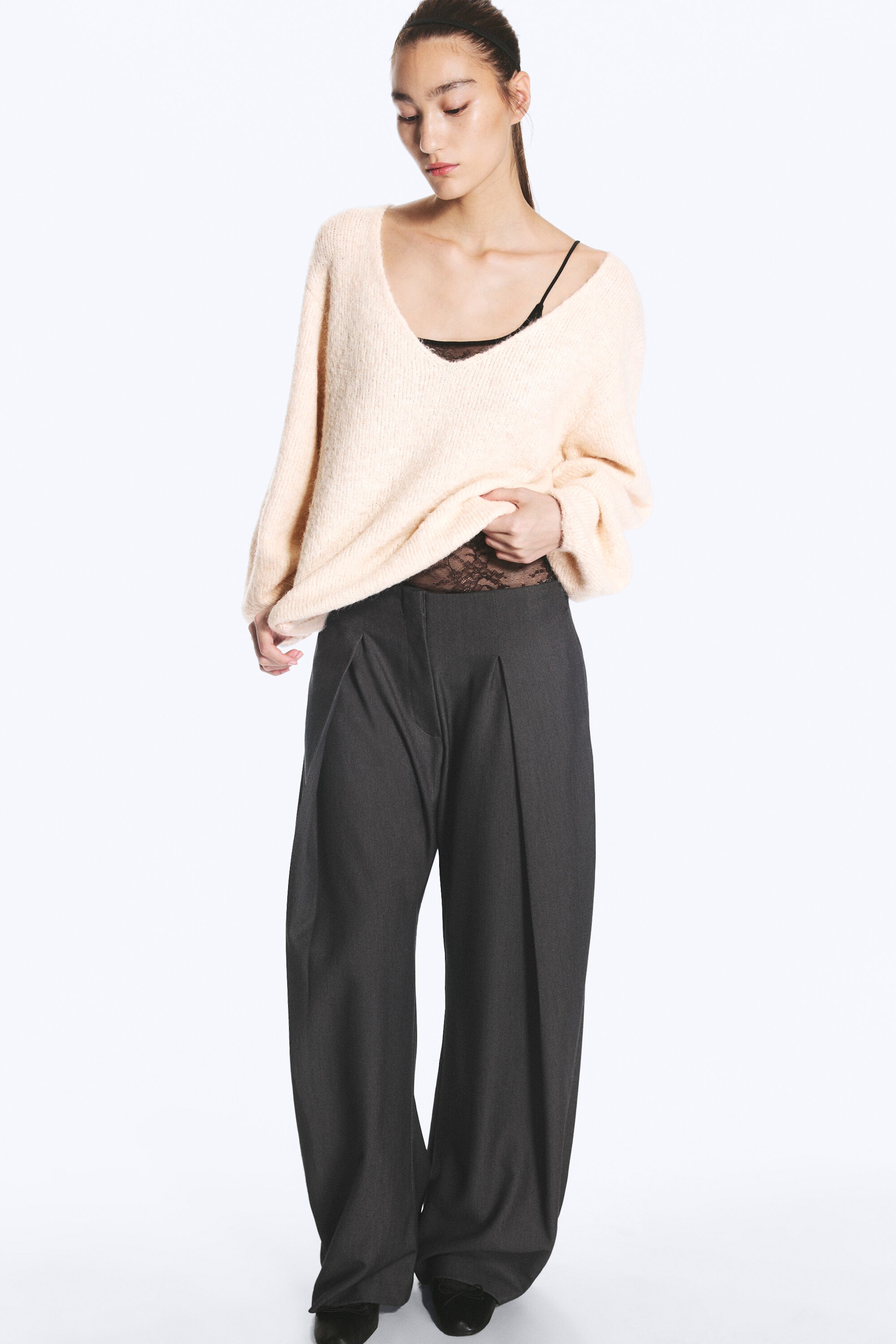 Beige - Oversized Knitted V-Neck Sweater - 2