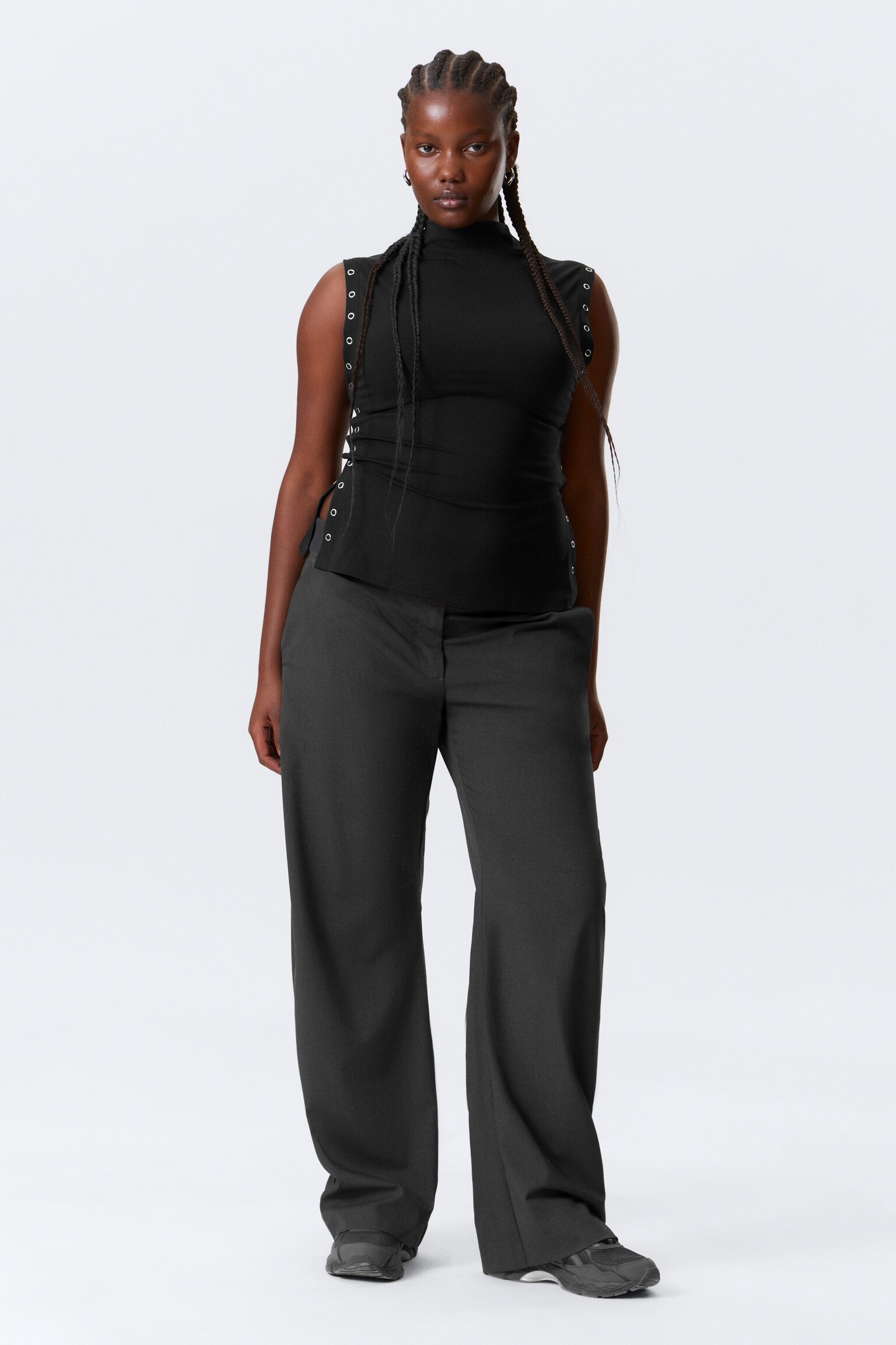 Fitted Snap-Button Mock-Neck Top - Black/White - 6