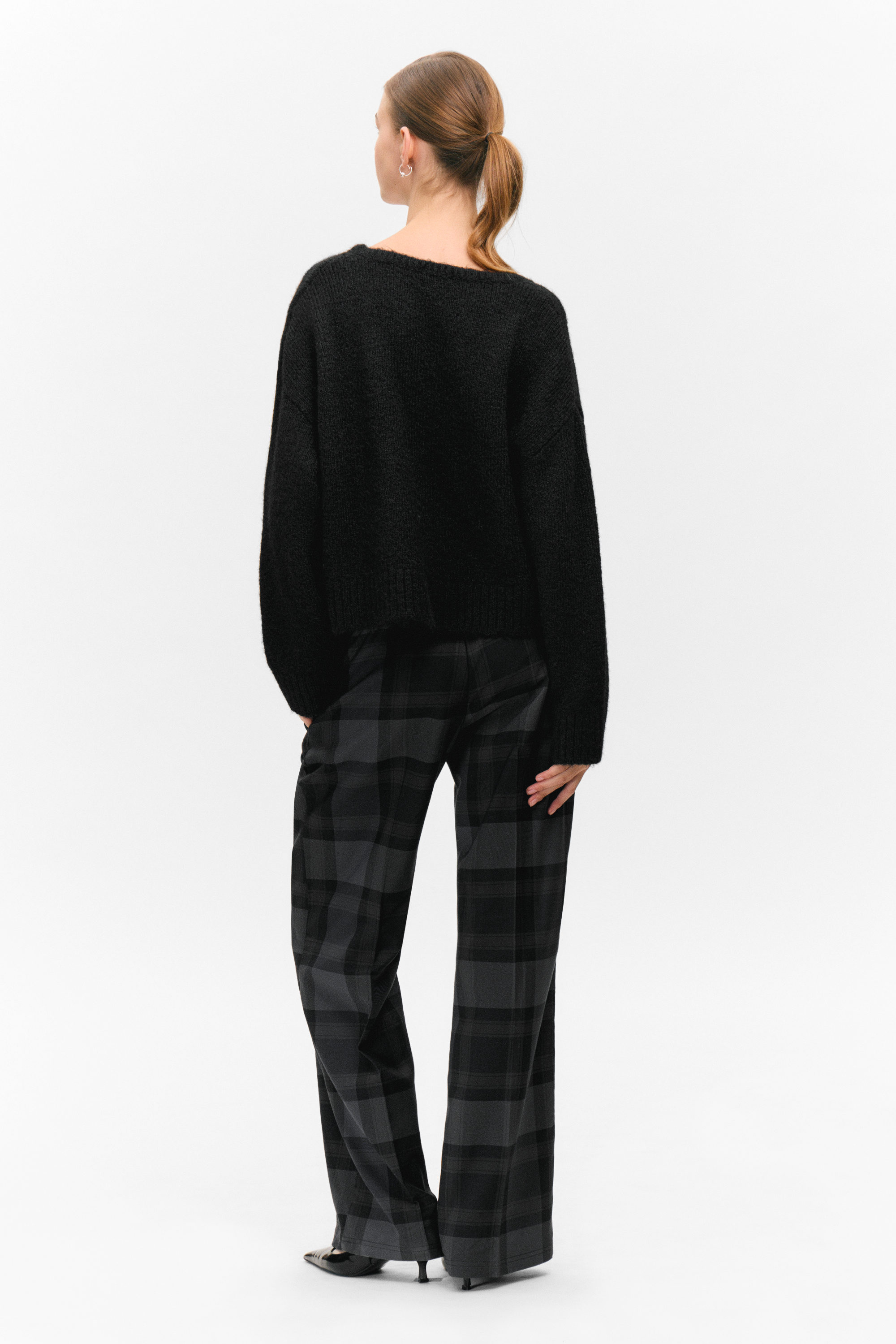 Black - Lace-trimmed V-neck Sweater - 3