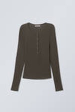 Dark Brown - Sheer Rib Long Sleeve Henley Top - 0