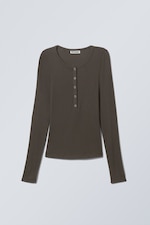 Dark Brown - Sheer Rib Long Sleeve Henley Top - 0