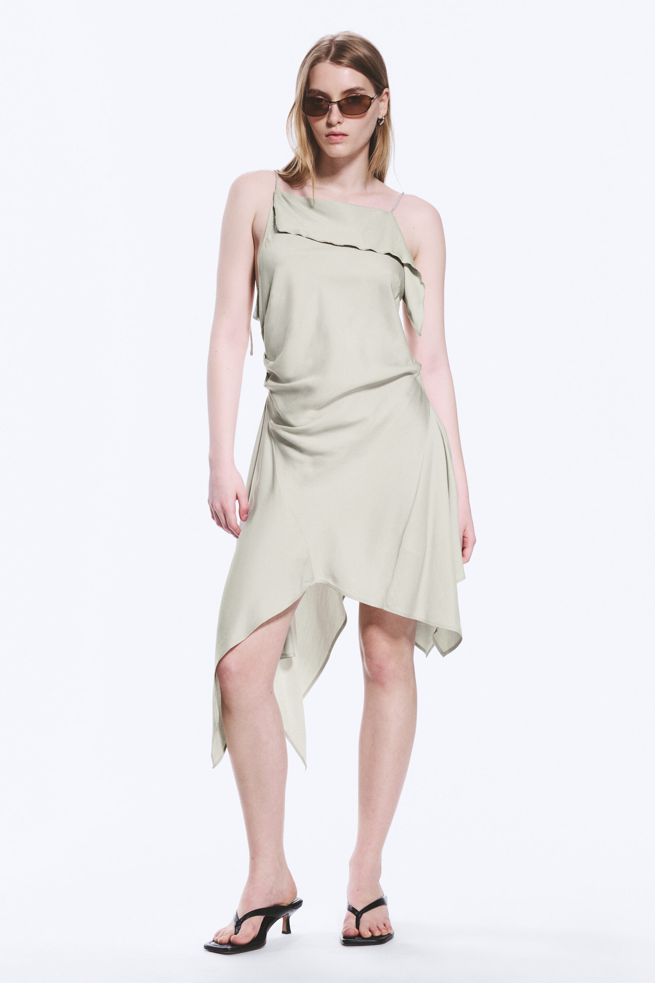 Light Mole - Asymmetric Sleeveless Cowl-Neck Midi Dress - 3