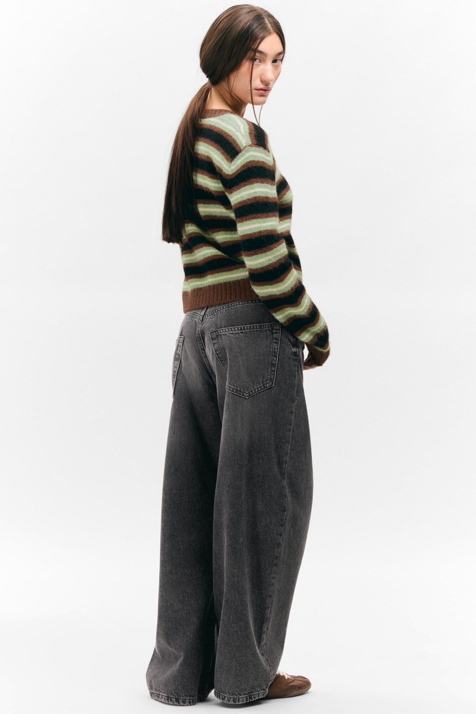 Strikket cardigan med børstet tekstur og knapper - Brun/Sorte/Grønne Striber/Mørkerød & pink striber - 5