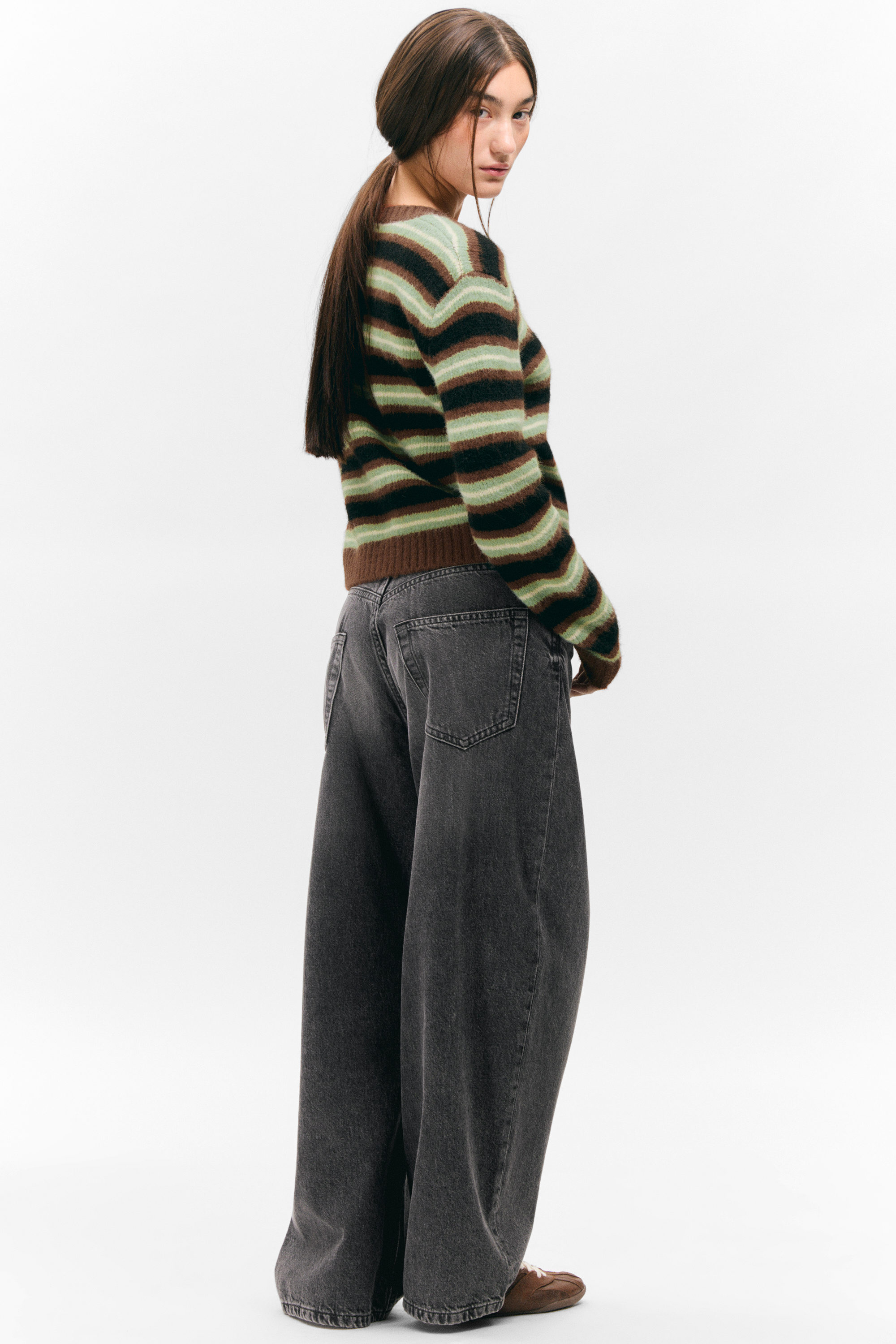 Brown/Black/Green Stripes - Brushed Knit Buttoned Cardigan - 2