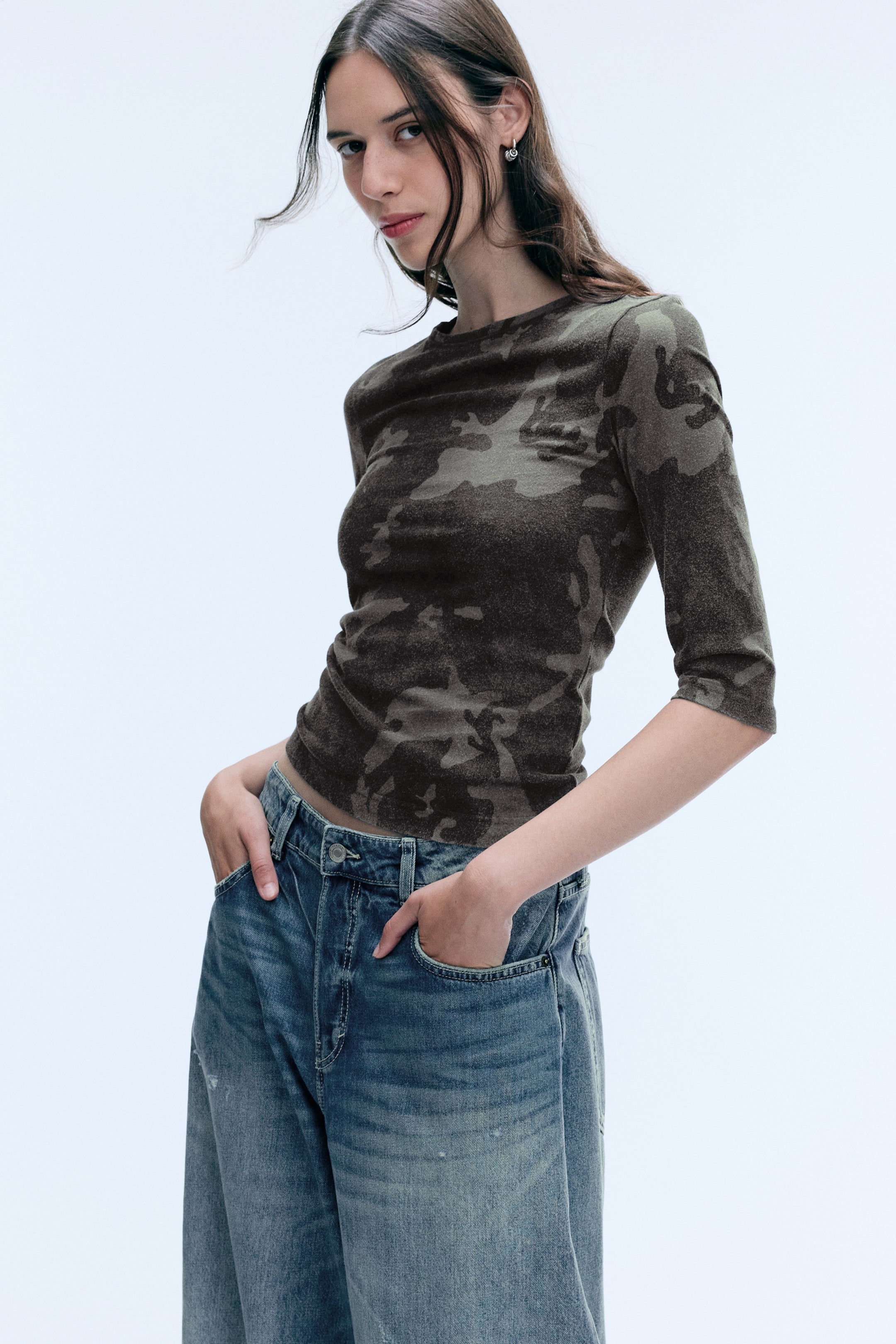 View larger image: Printed three-quarter long-sleeved top - Dusty Camo - Ladies | H&M GB 1