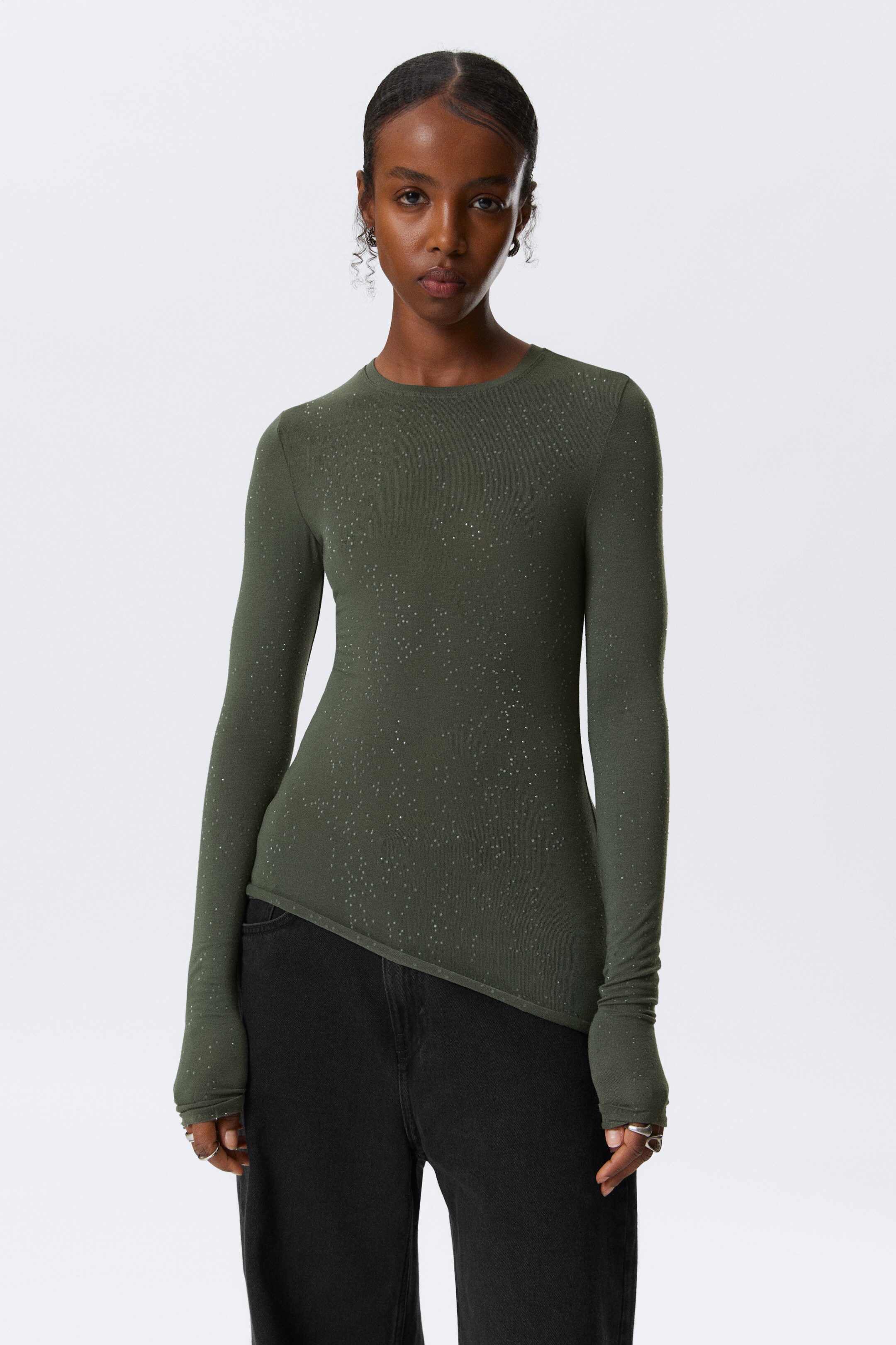 Vezi imaginea mai mare: Top cu imprimeu și pietre strălucitoare, croială slim - Verde Kaki Închis - FEMEI | H&M RO 1