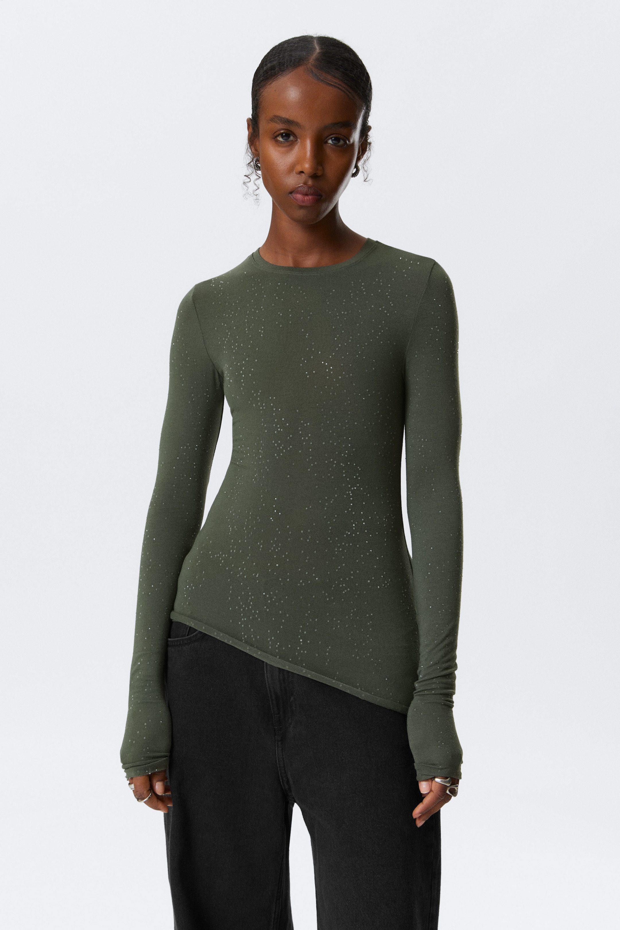 Dark Khaki Green - Slim Fit Printed Rhinestone Top - 1