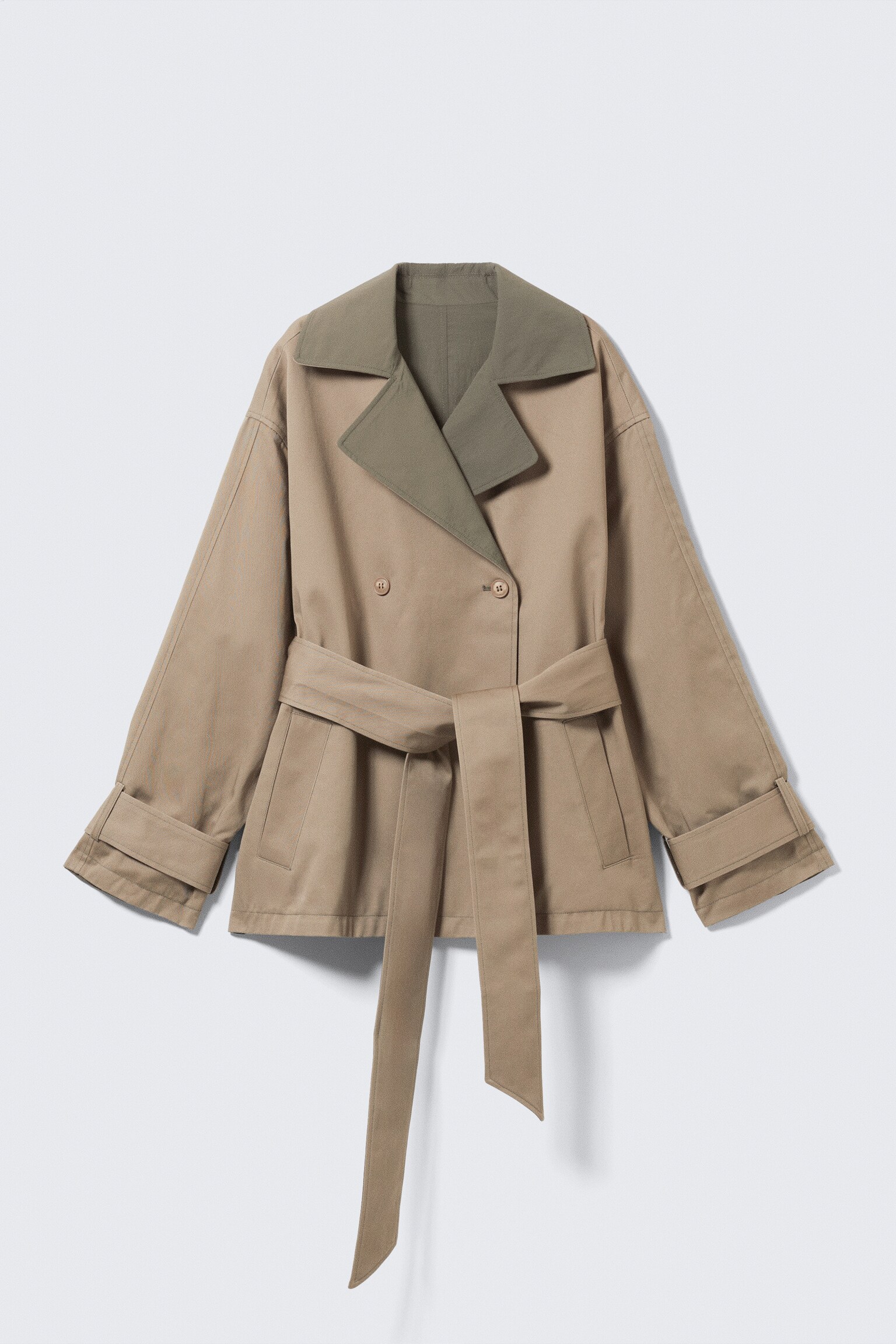 Short Double-Breasted Reversible Trench Coat - Beige & Khaki Green/Beige & Light Grey - 5