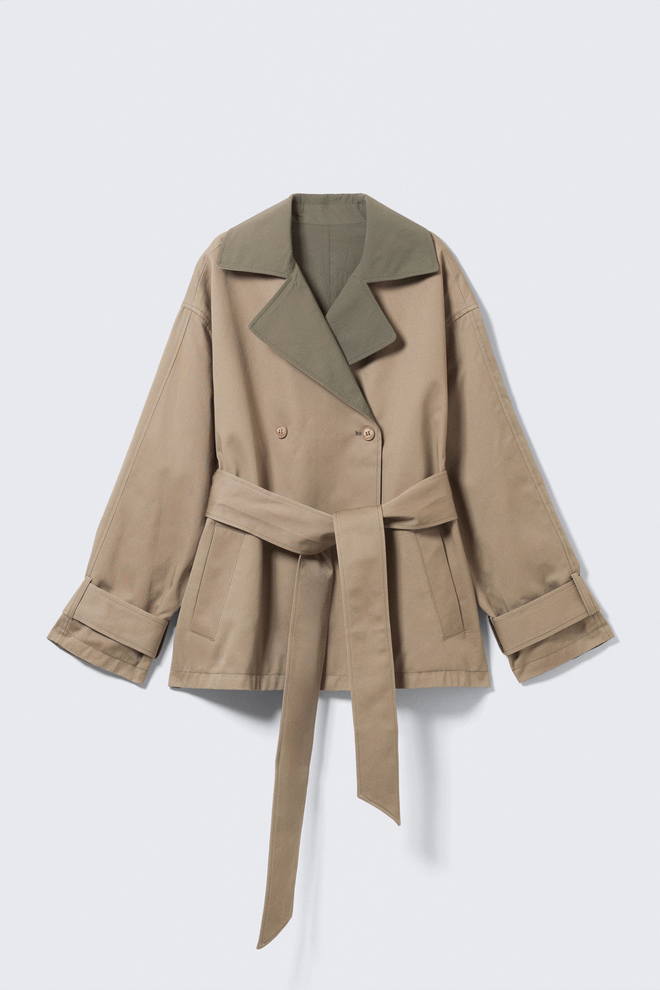 Beige & kakigroen - Korte double-breasted omkeerbare trenchcoat - 7
