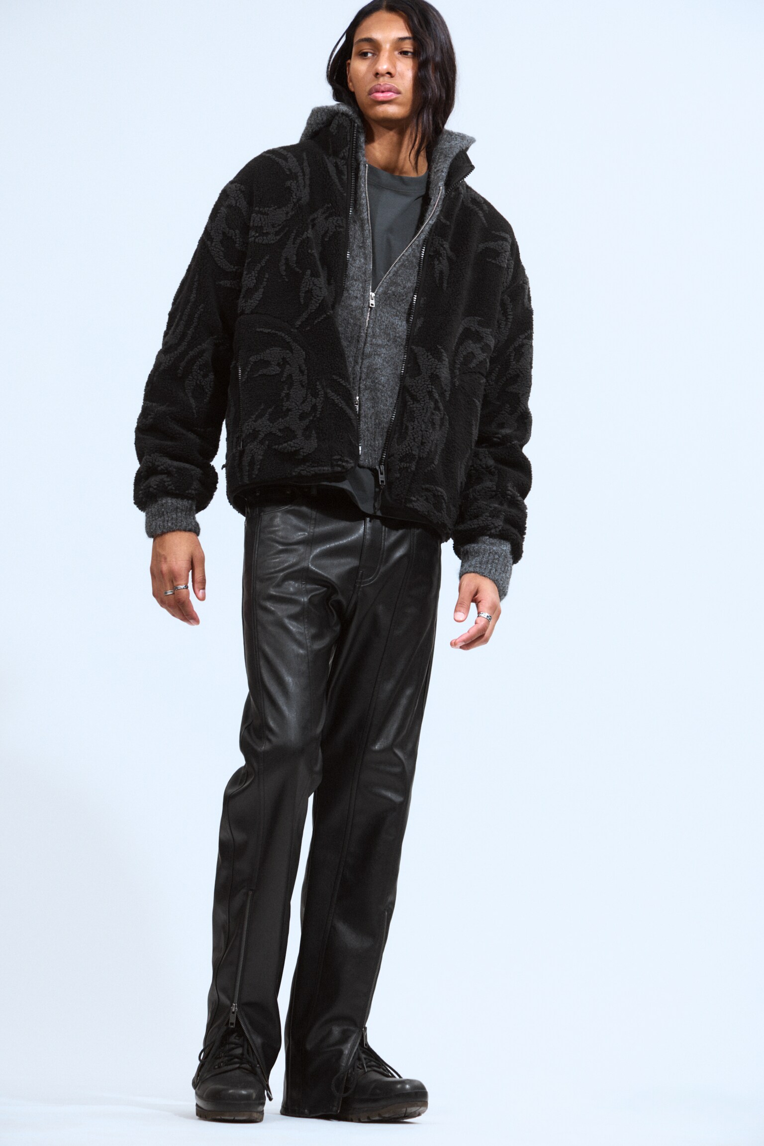 Jacquard Pattern Pile Zip Jacket - Black - Tribal - 4