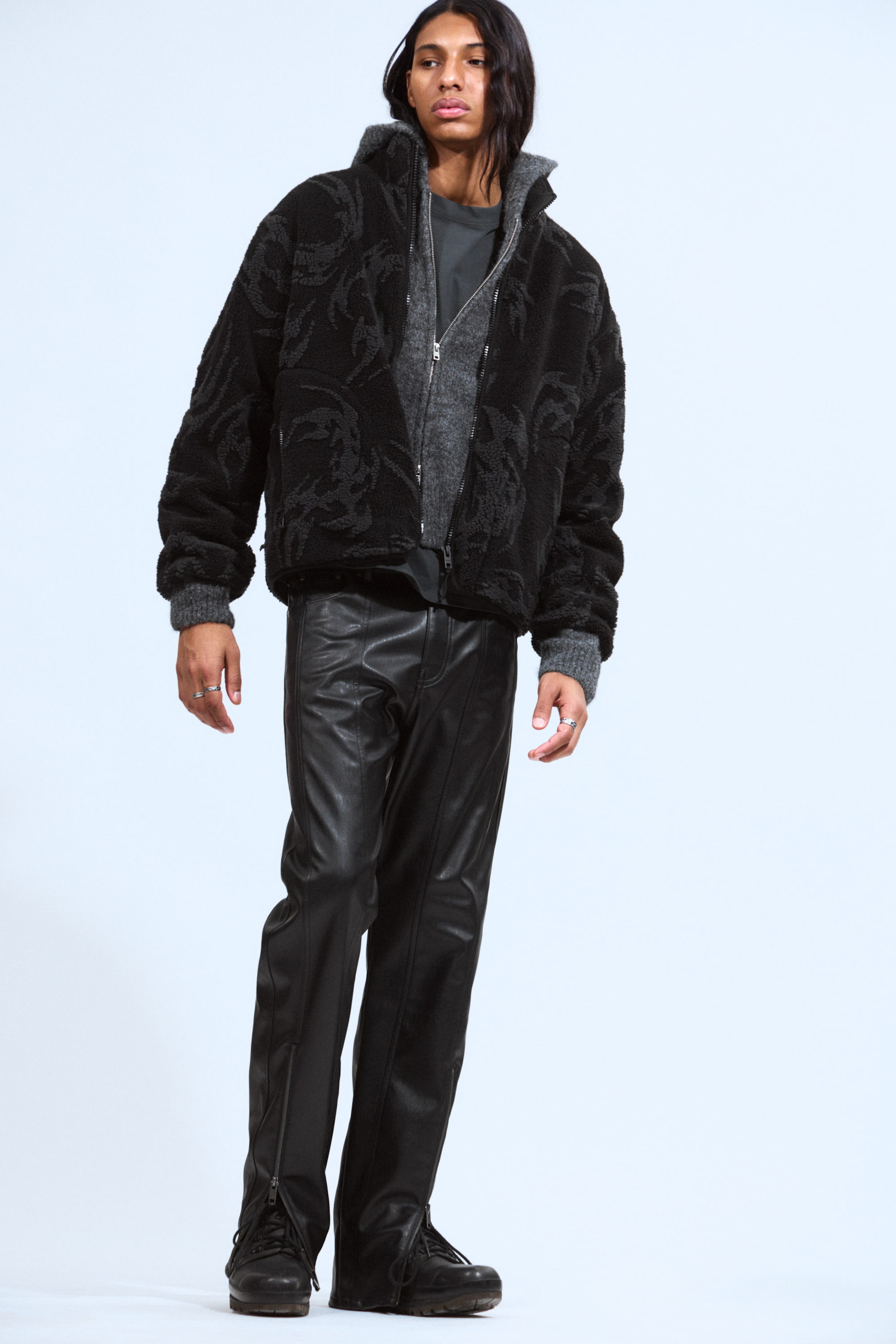 Black - Tribal - Jacquard Pattern Pile Zip Jacket - 2