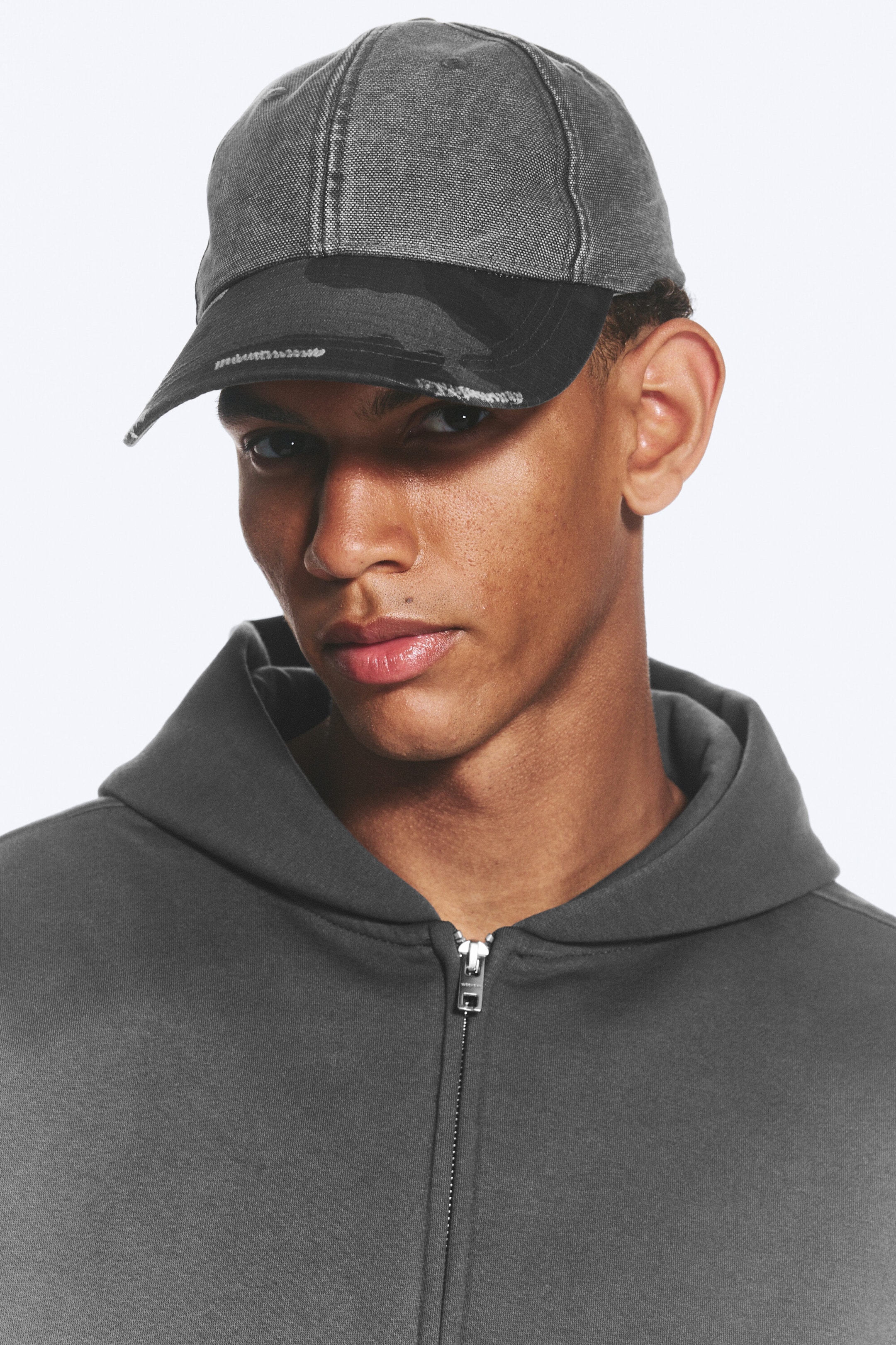 Grey - Trashed Camo - Distressed Cotton Canvas Baseball Cap - 1