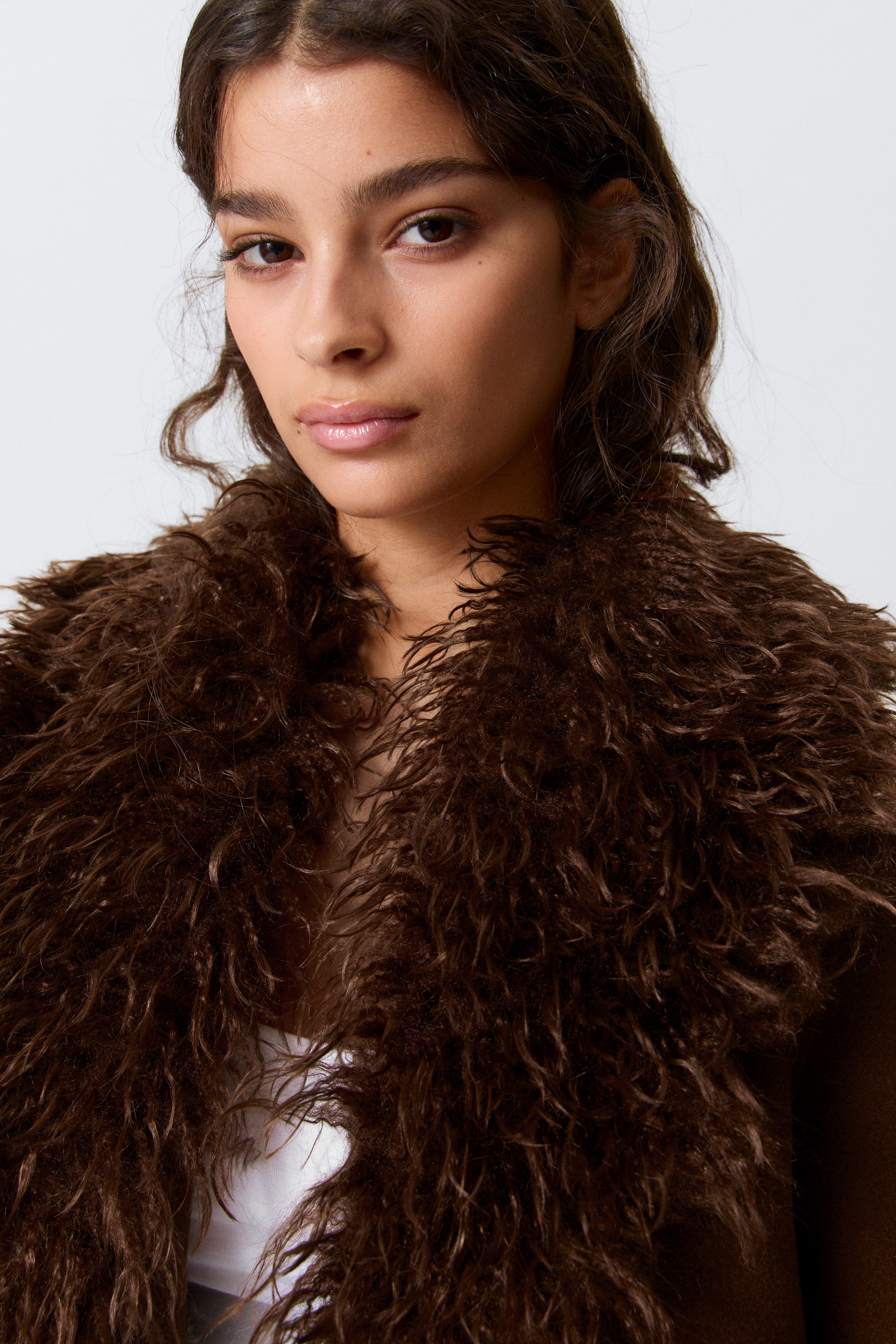 Dark Brown - Cropped Faux Fur Trim Jacket - 2