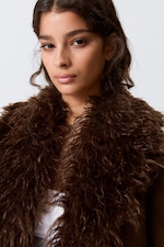 Dark Brown - Cropped Faux Fur Trim Jacket - 2
