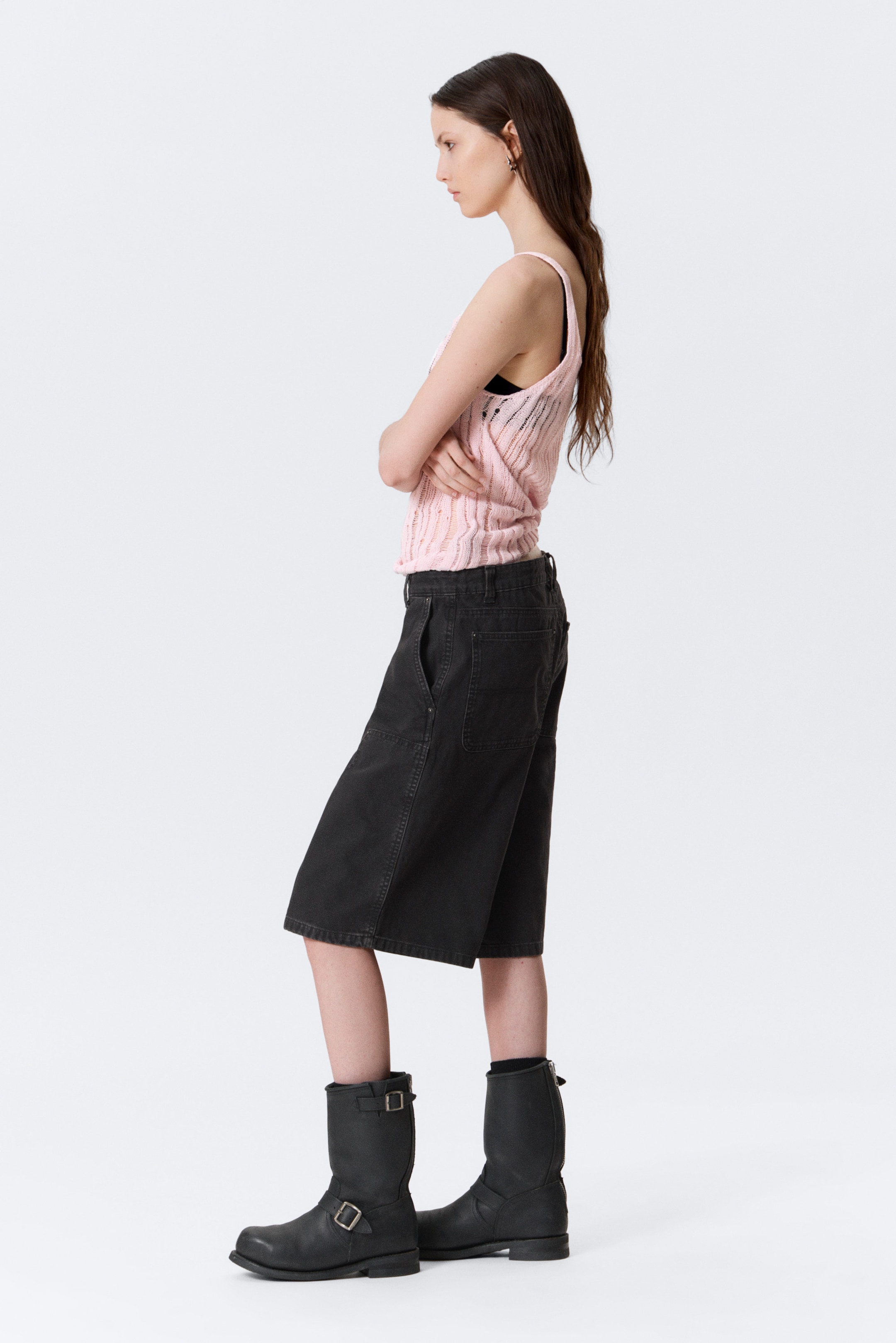 Black - Low Rise Loose Washed Carpenter Shorts - 2