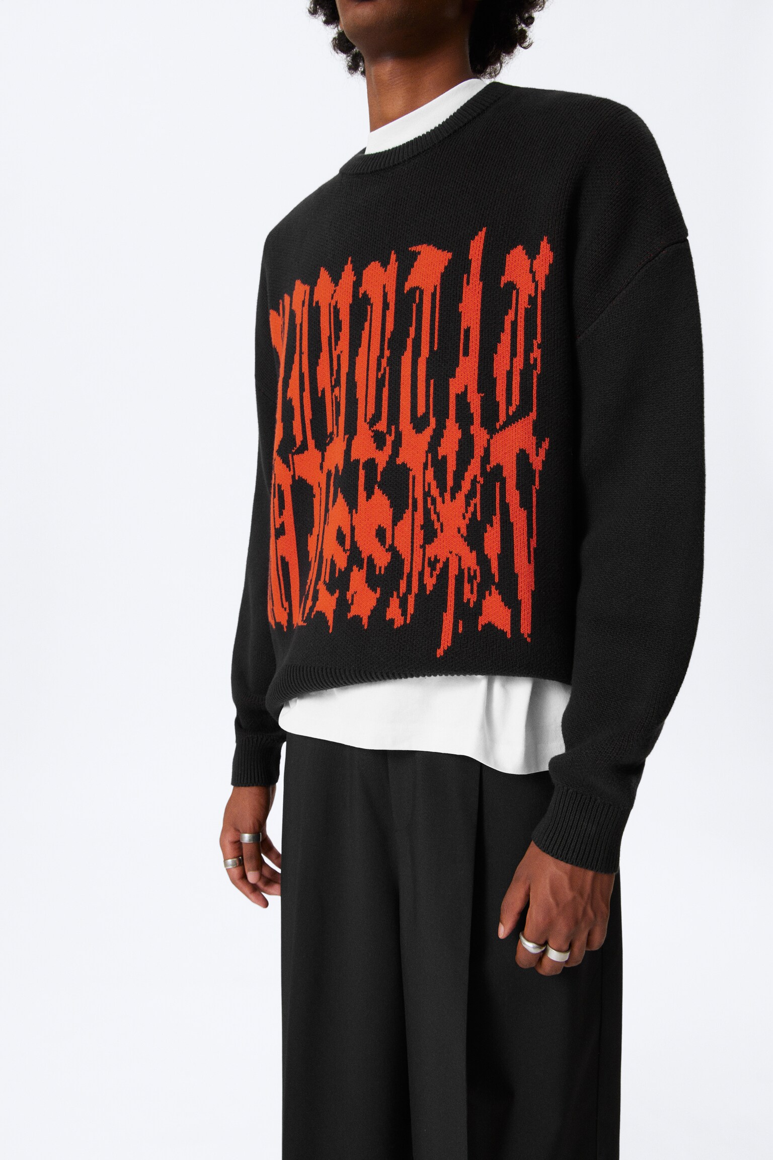 Oversized Graphic Cotton Knit Sweater - Čierna - 4