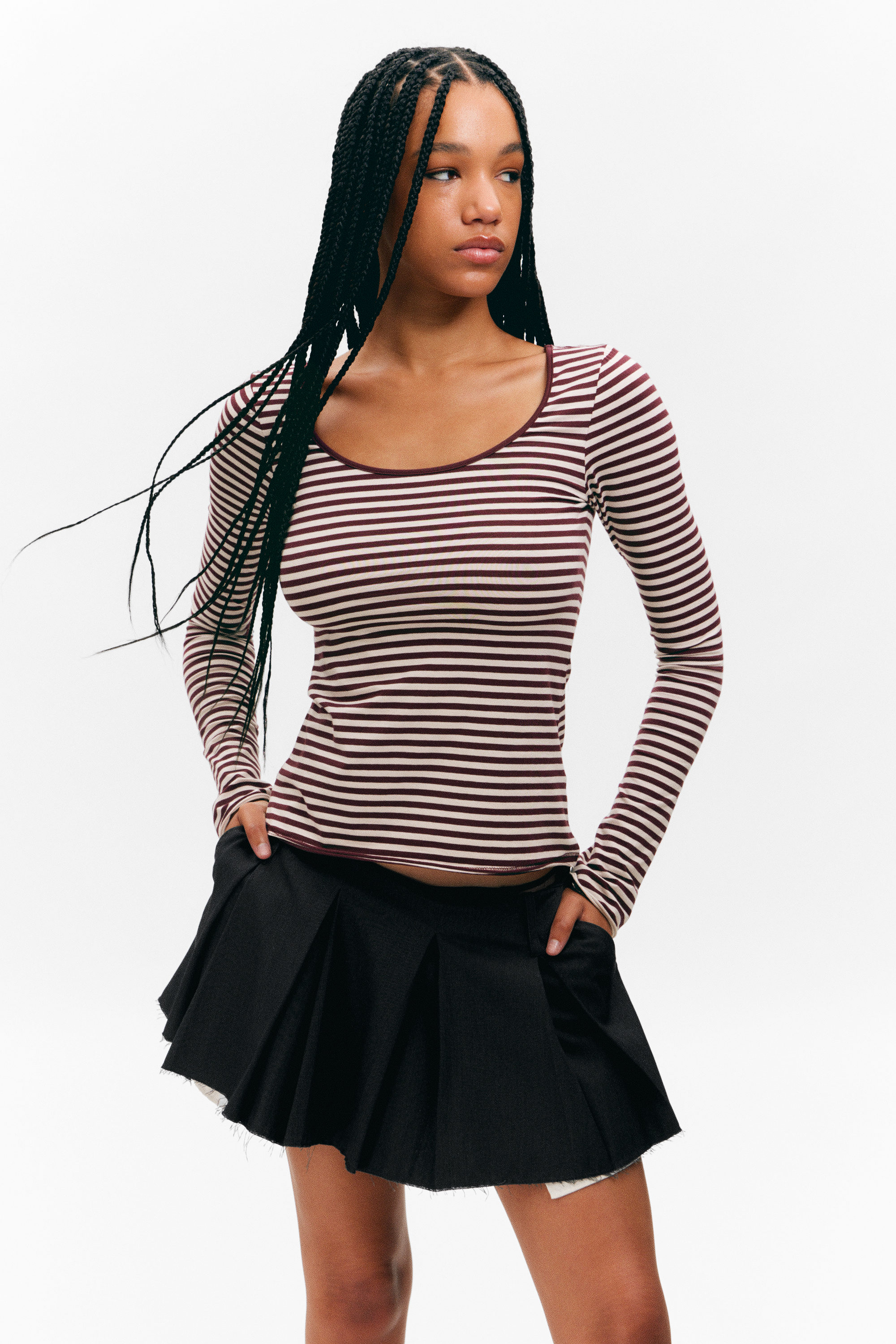 Pink & Burgundy Stripes - Long-Sleeved Slim Fit Scoop Neck Top - 1