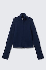 Dark Navy Blue Melange - Soft Knitted Fitted Zip Cardigan - 3