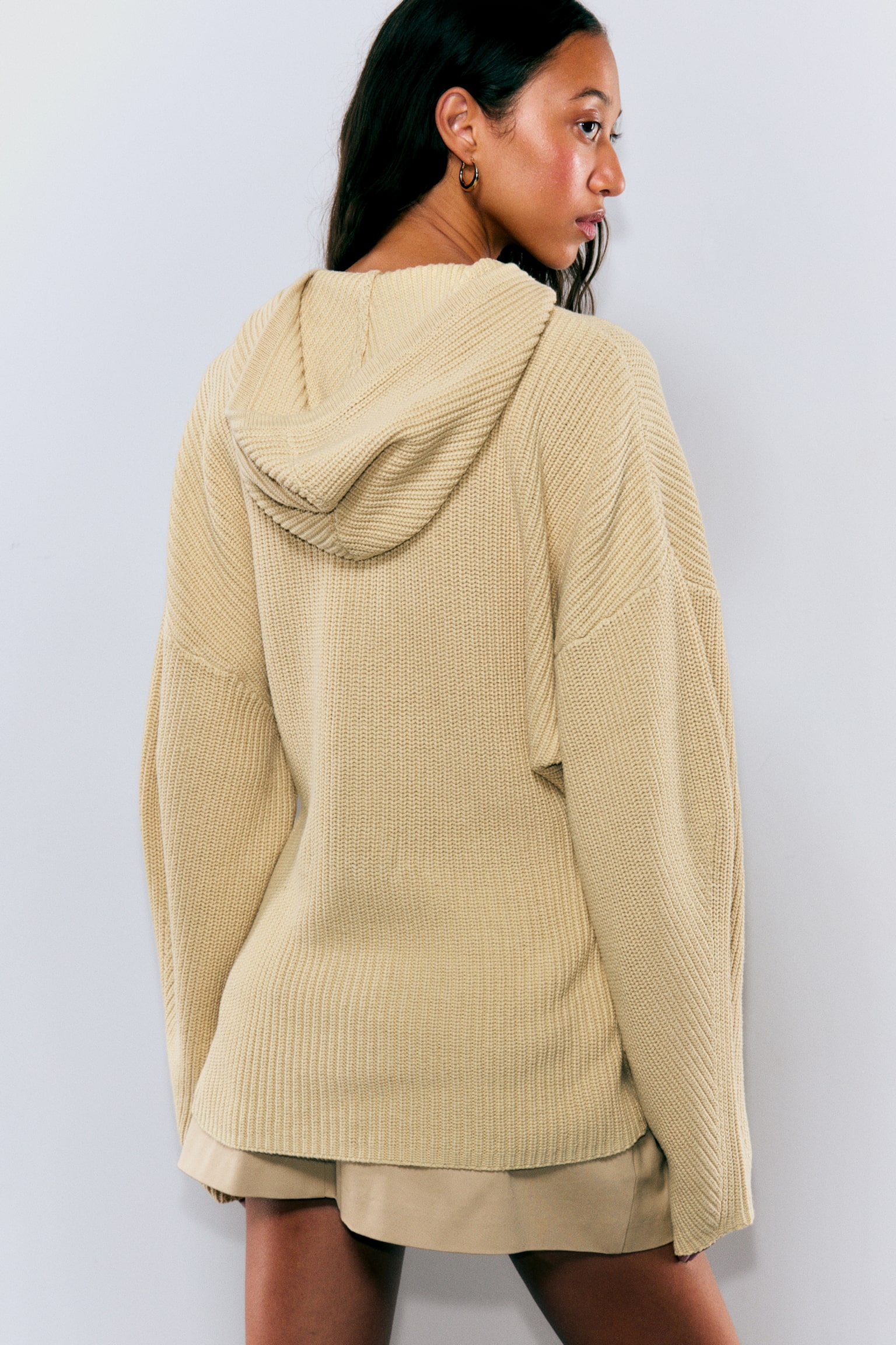 Long Knitted Zip Hoodie - Beige/Black - 4