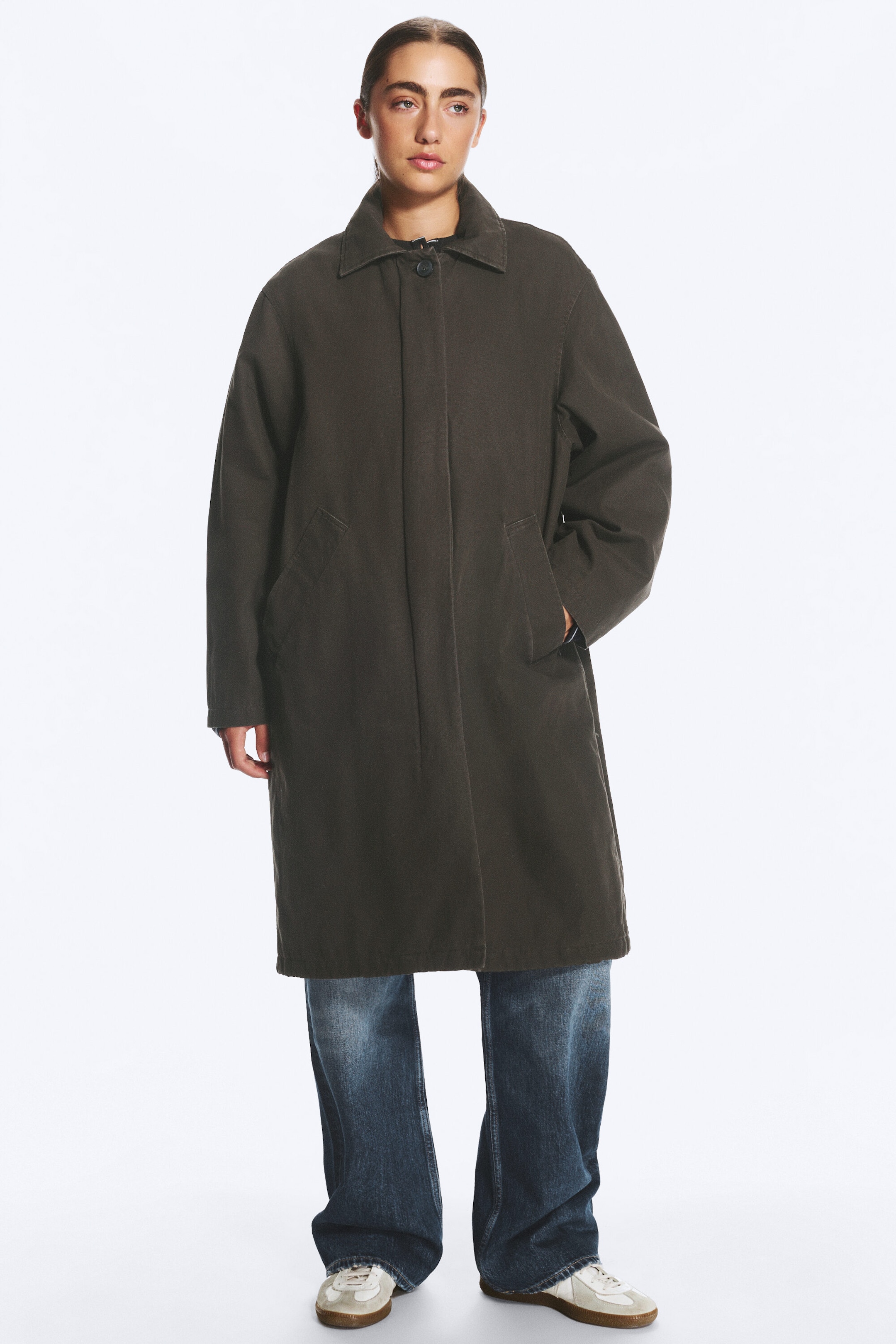 Dunkelgrau - Weit geschnittener Car Coat aus Canvas - 2