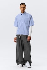 Blue & White Stripe - Relaxed Fit Short-Sleeved Cotton Shirt - 2