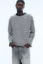 Striped White/Black - Loose Boxy Long-Sleeved T-shirt - 0