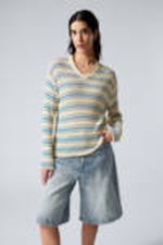 Light Yellow - Blue Stripes - Relaxed Knitted V-neck Sweater - 1