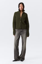 Dark Mossy Green - Soft Knitted Fitted Zip Cardigan - 2