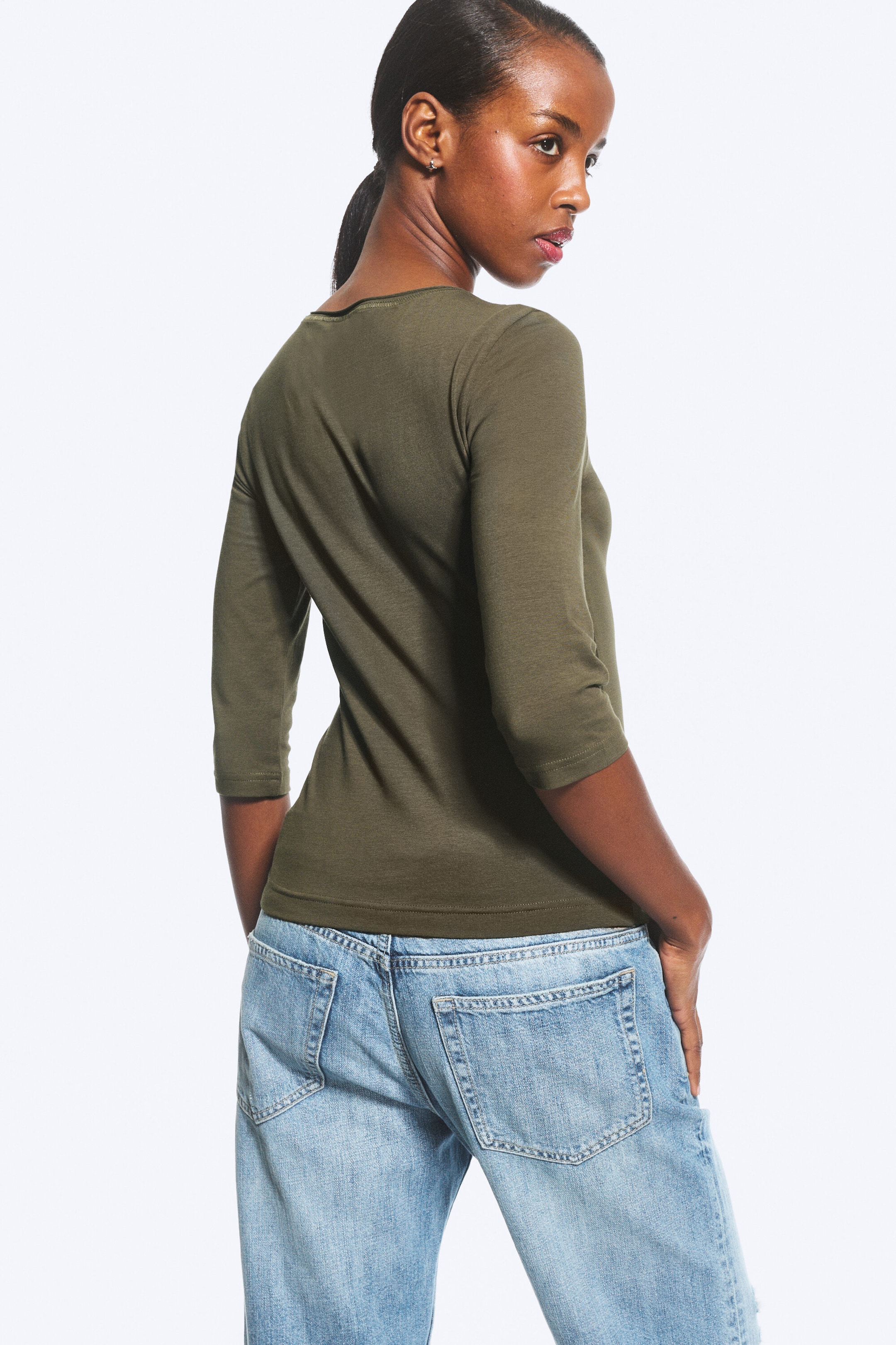 Dark Khaki Green - Fitted Three-Quarter Sleeve Top - 3