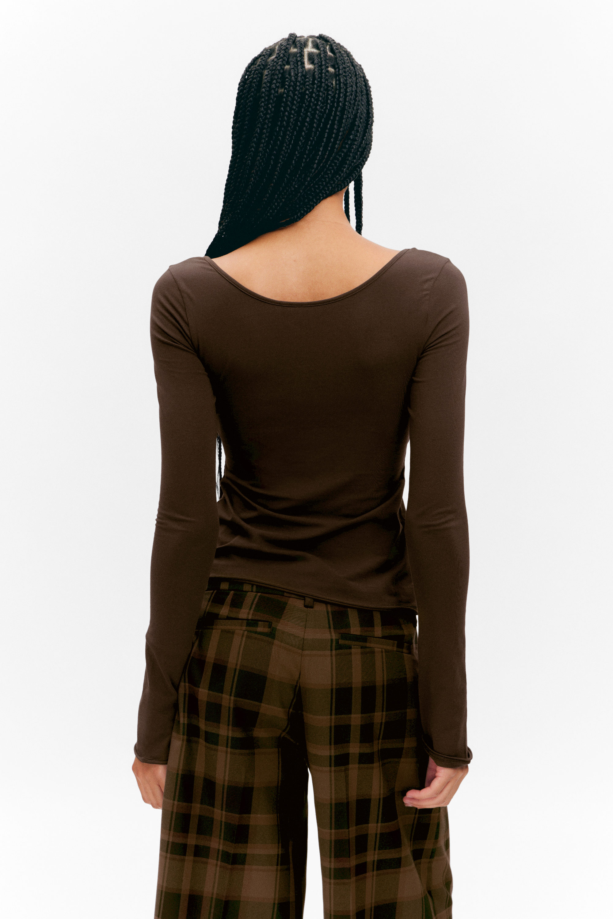Dark Brown - Long-Sleeved Slim Fit Scoop Neck Top - 2
