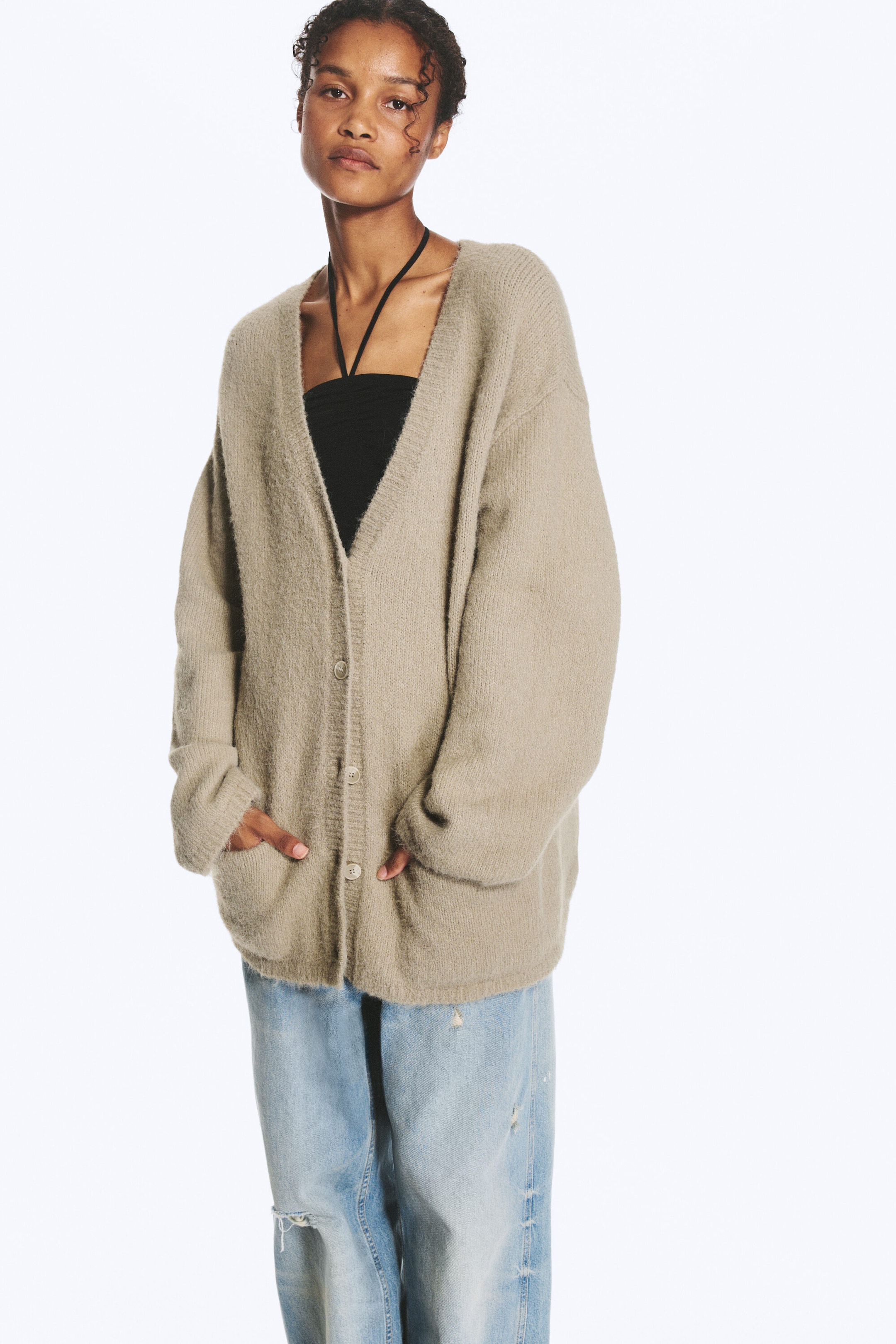 Beige poudré - Cardigan oversize à col en V - 2