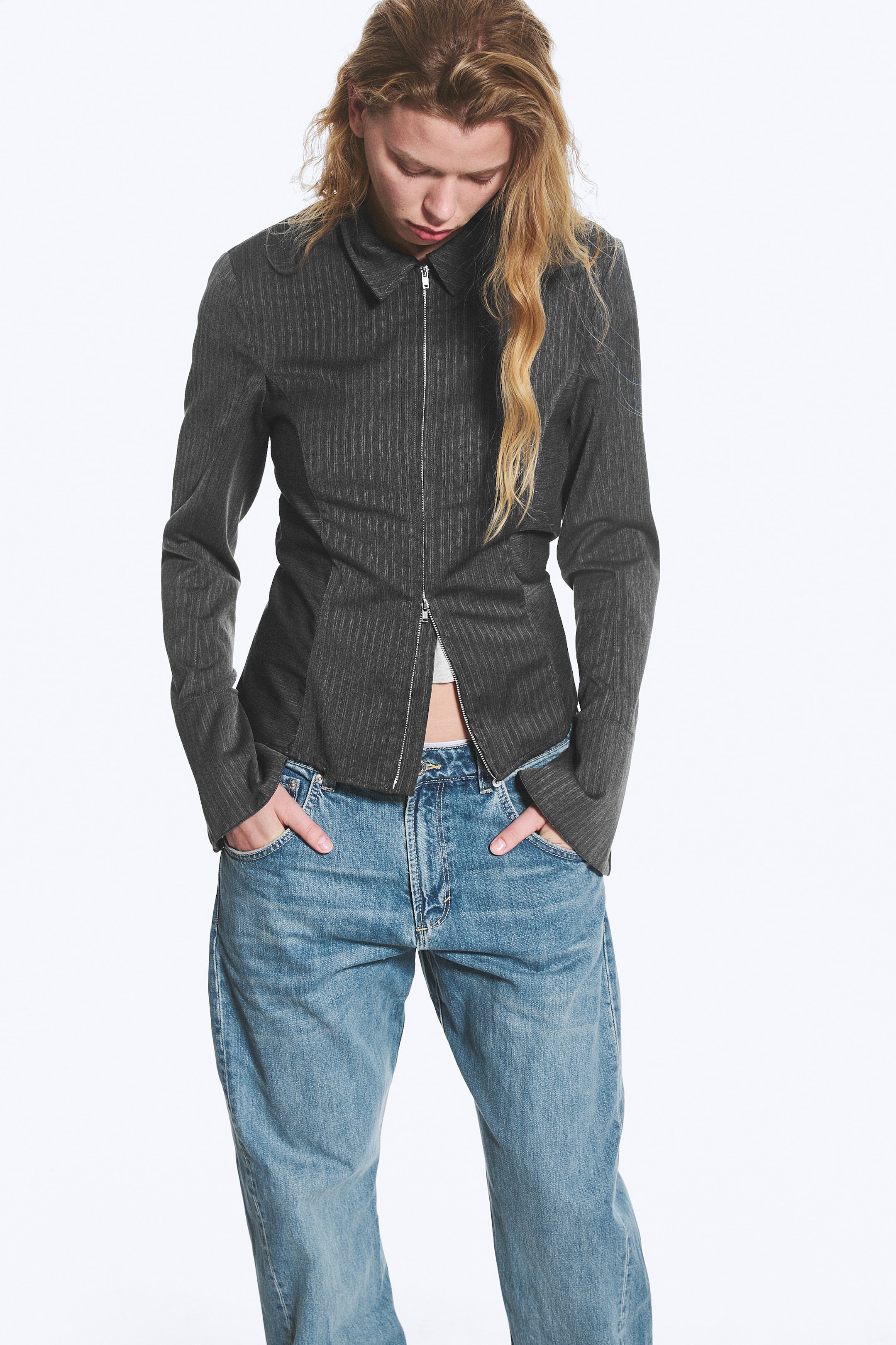 View larger image: Long-Sleeved Fitted Zip Shirt  - Striped Dark Grey Melange - Ladies | H&M GB 1