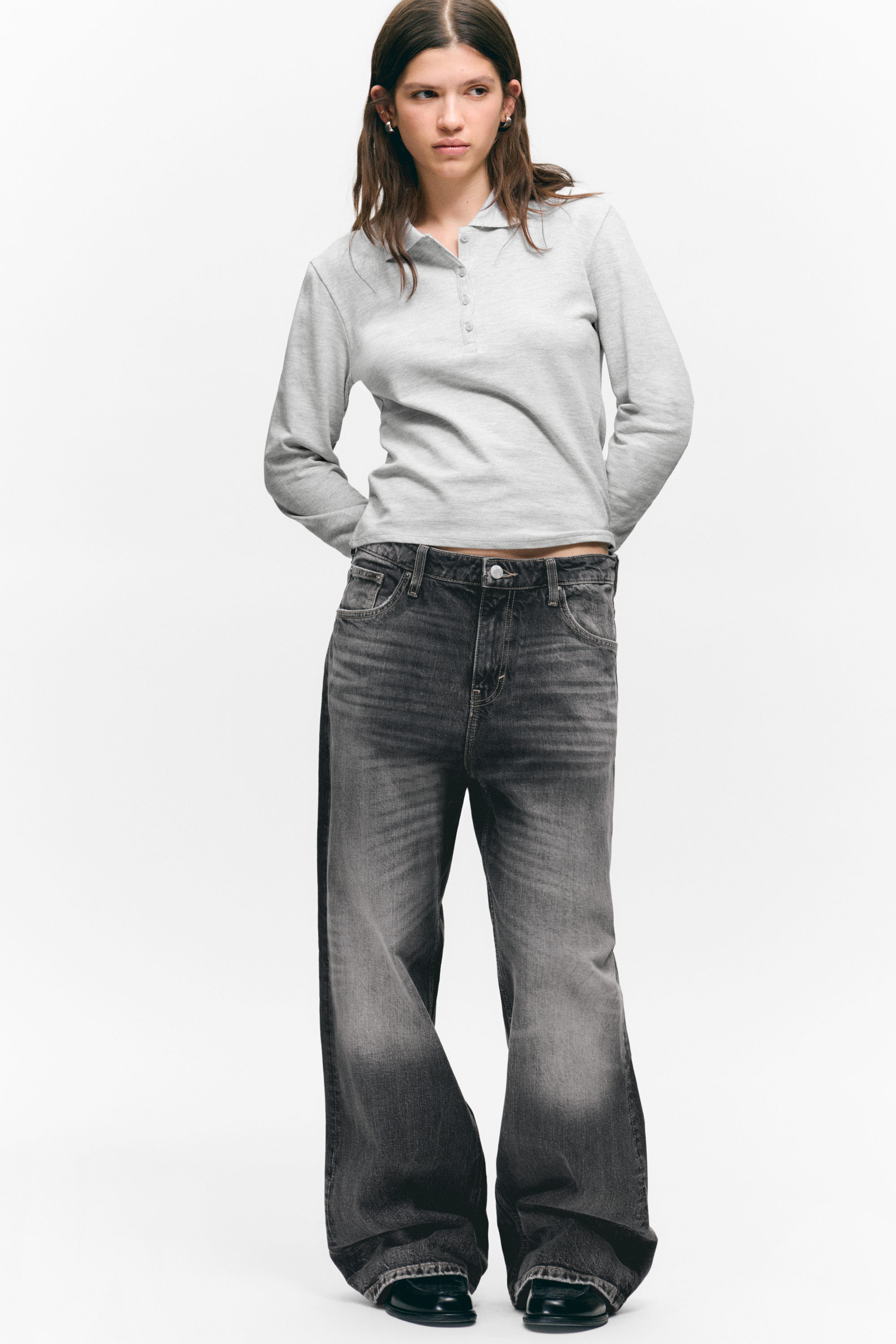 Light Grey Melange - Long-Sleeved Polo Top - 2