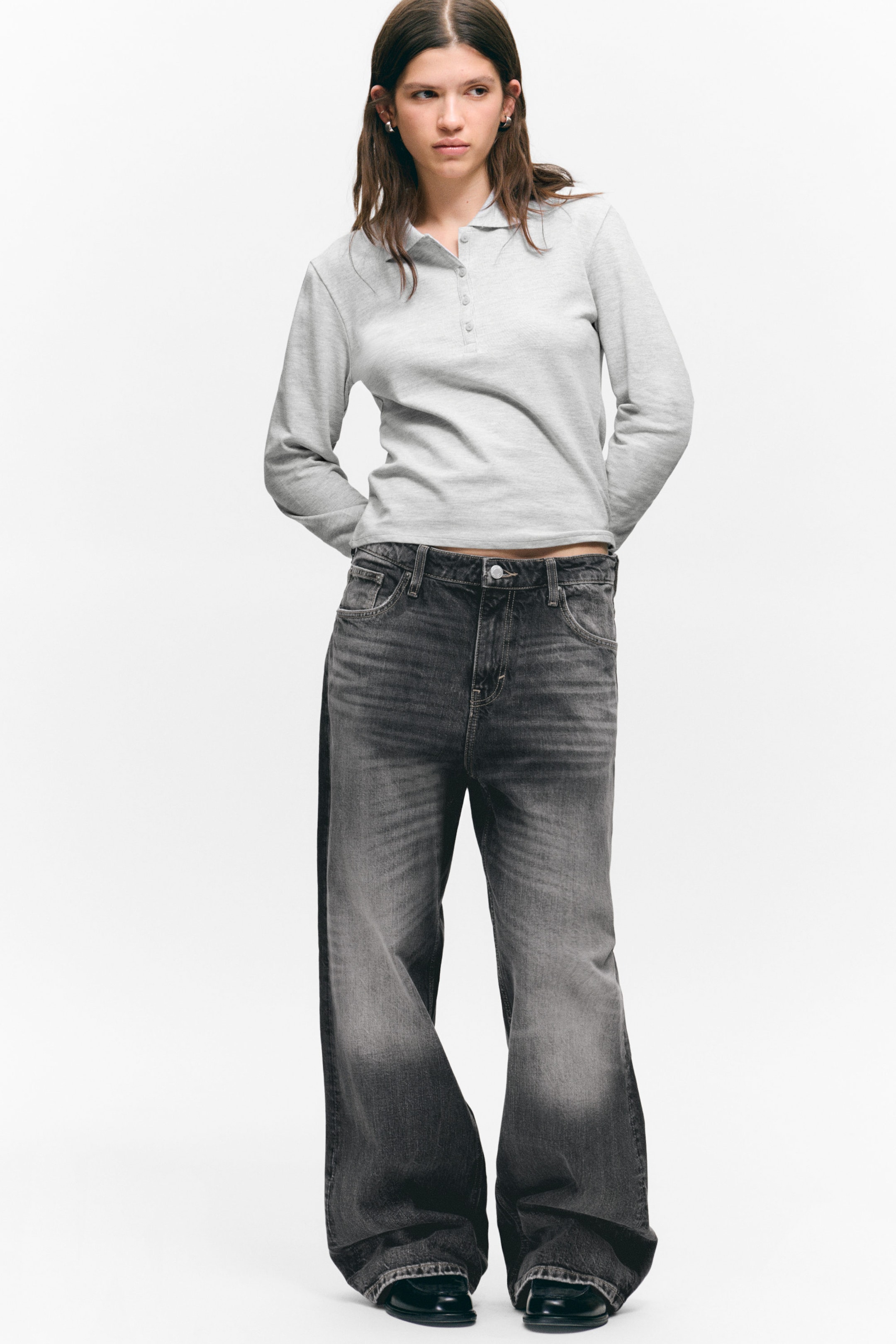 Light Grey Melange - Long-Sleeved Polo Top - 2