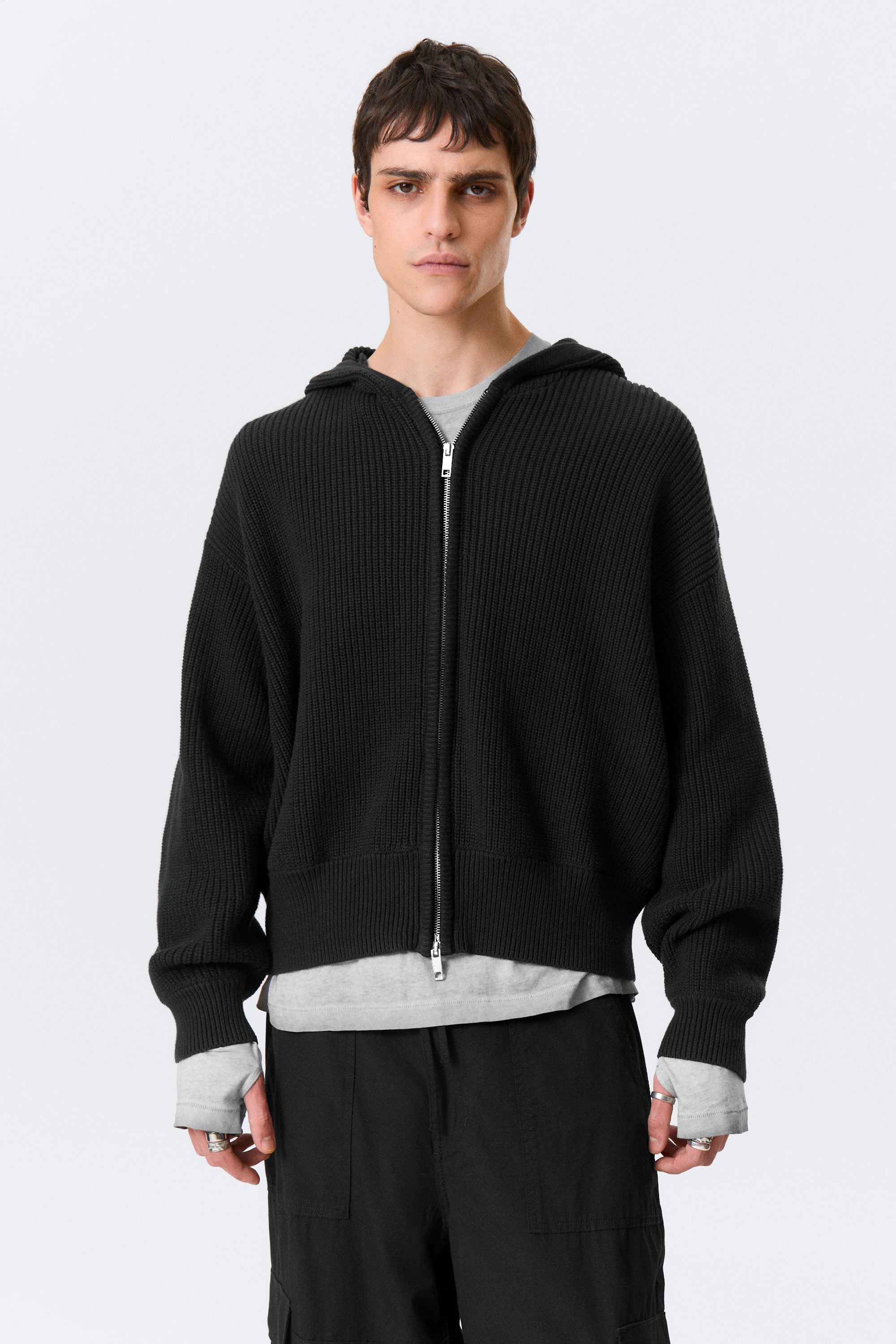 Black - Boxy Knitted Hoodie - 1