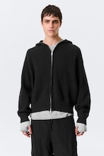 Black - Boxy Knitted Hoodie - 0