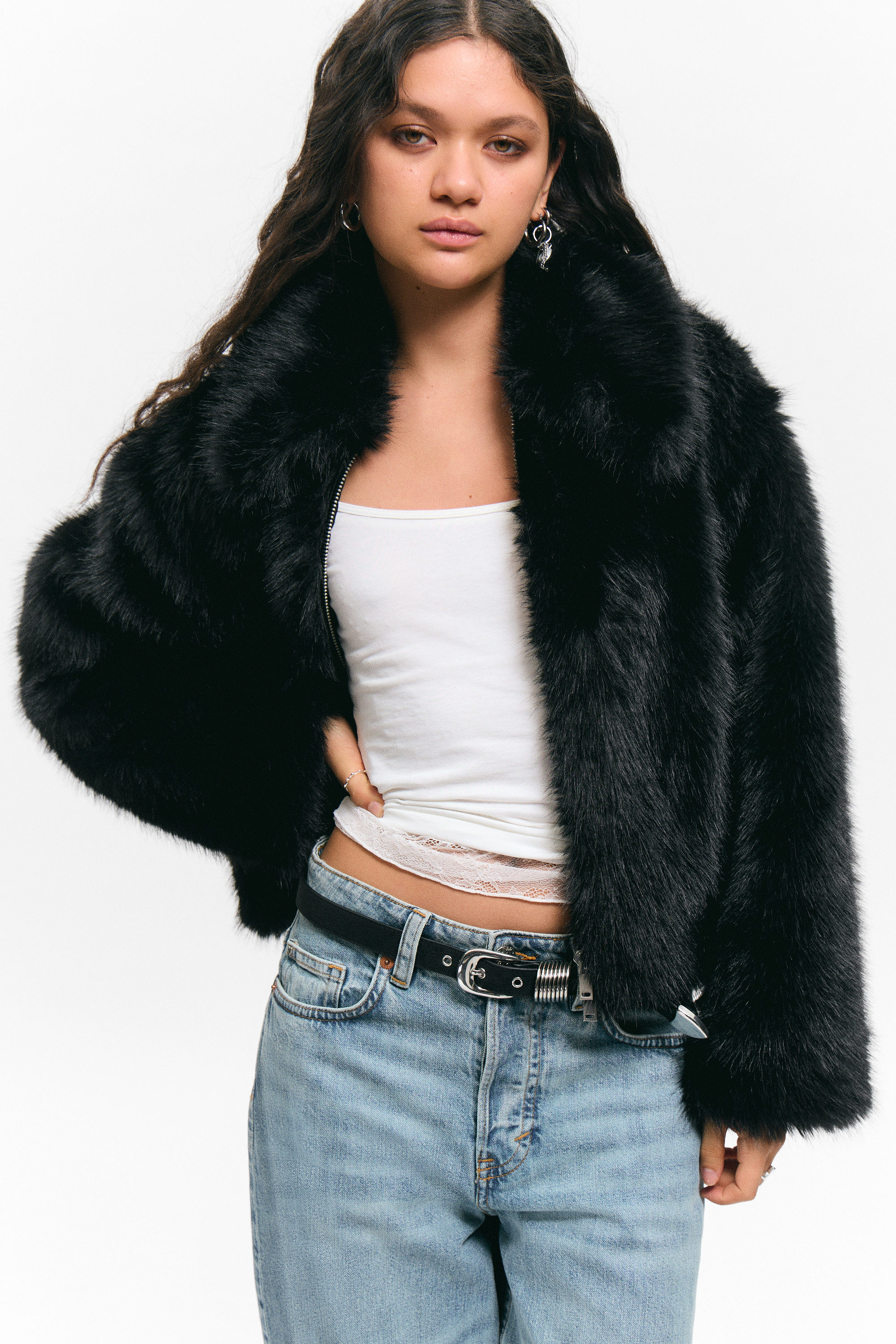 Black - Faux Fur Zip Jacket - 2