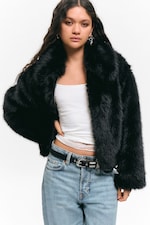 Black - Faux Fur Zip Jacket - 1